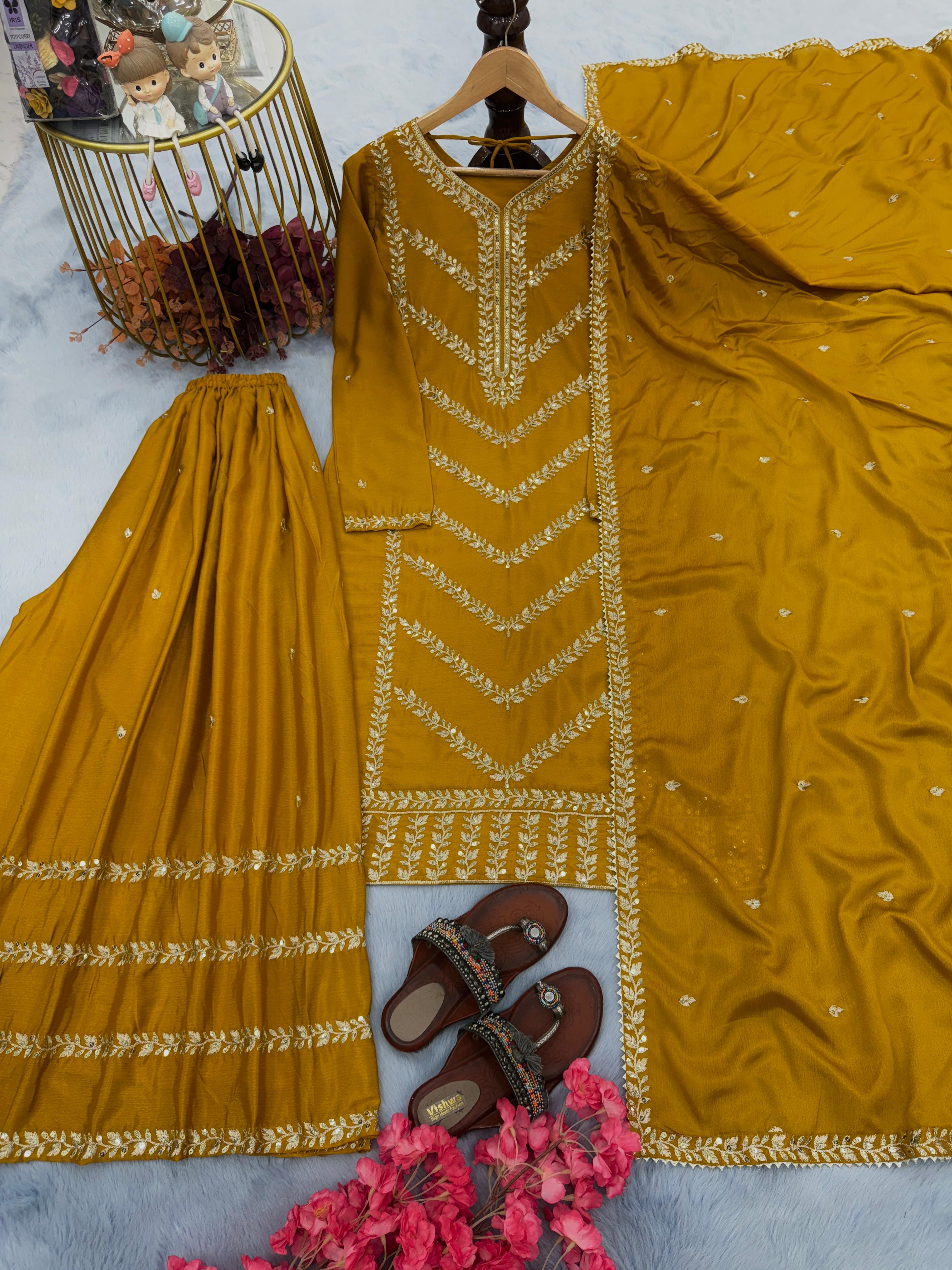 Innovative Mustard Color Sequence Work Sharara Suit