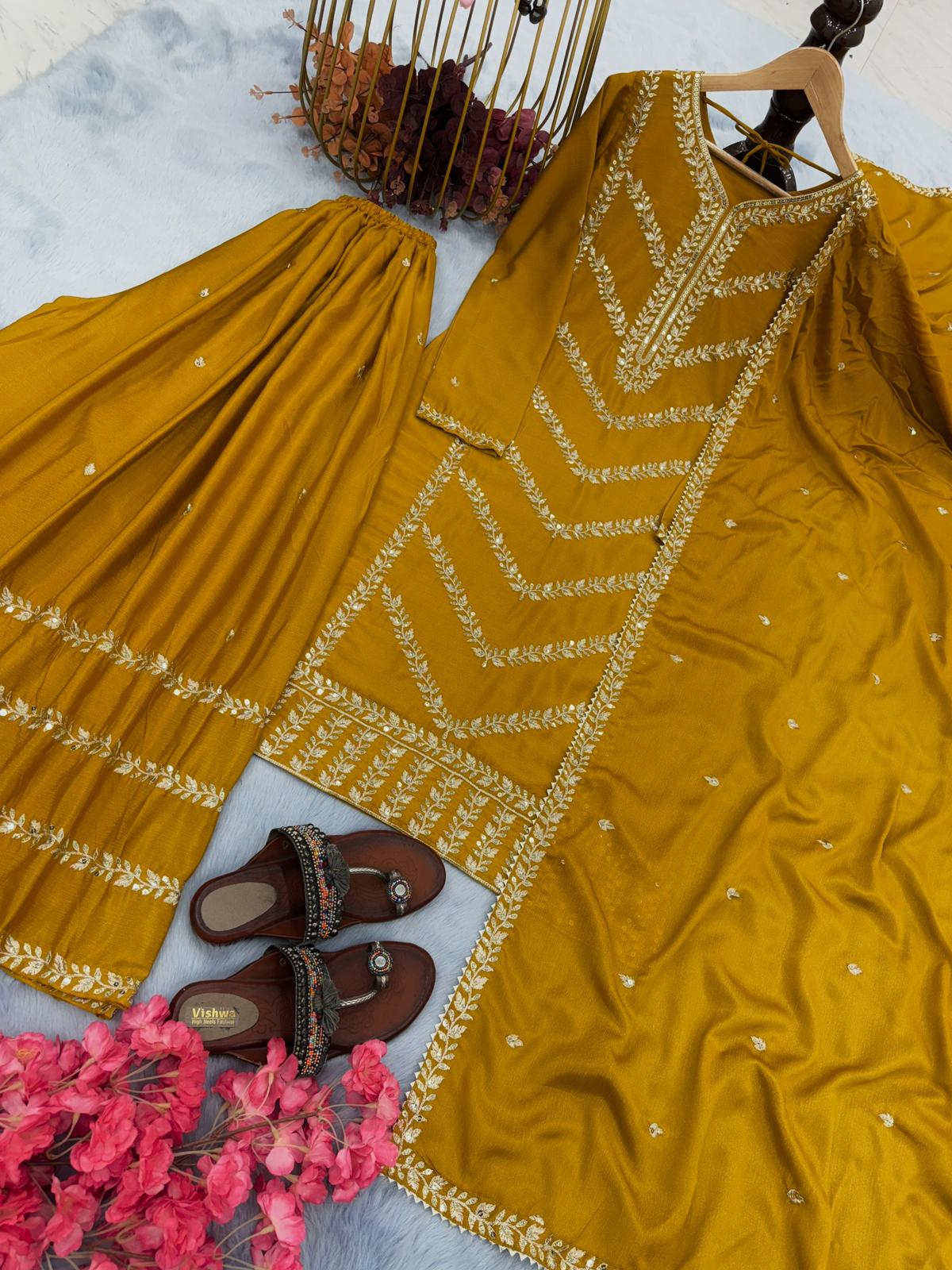 Innovative Mustard Color Sequence Work Sharara Suit