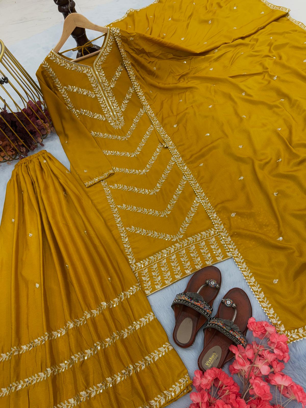 Innovative Mustard Color Sequence Work Sharara Suit