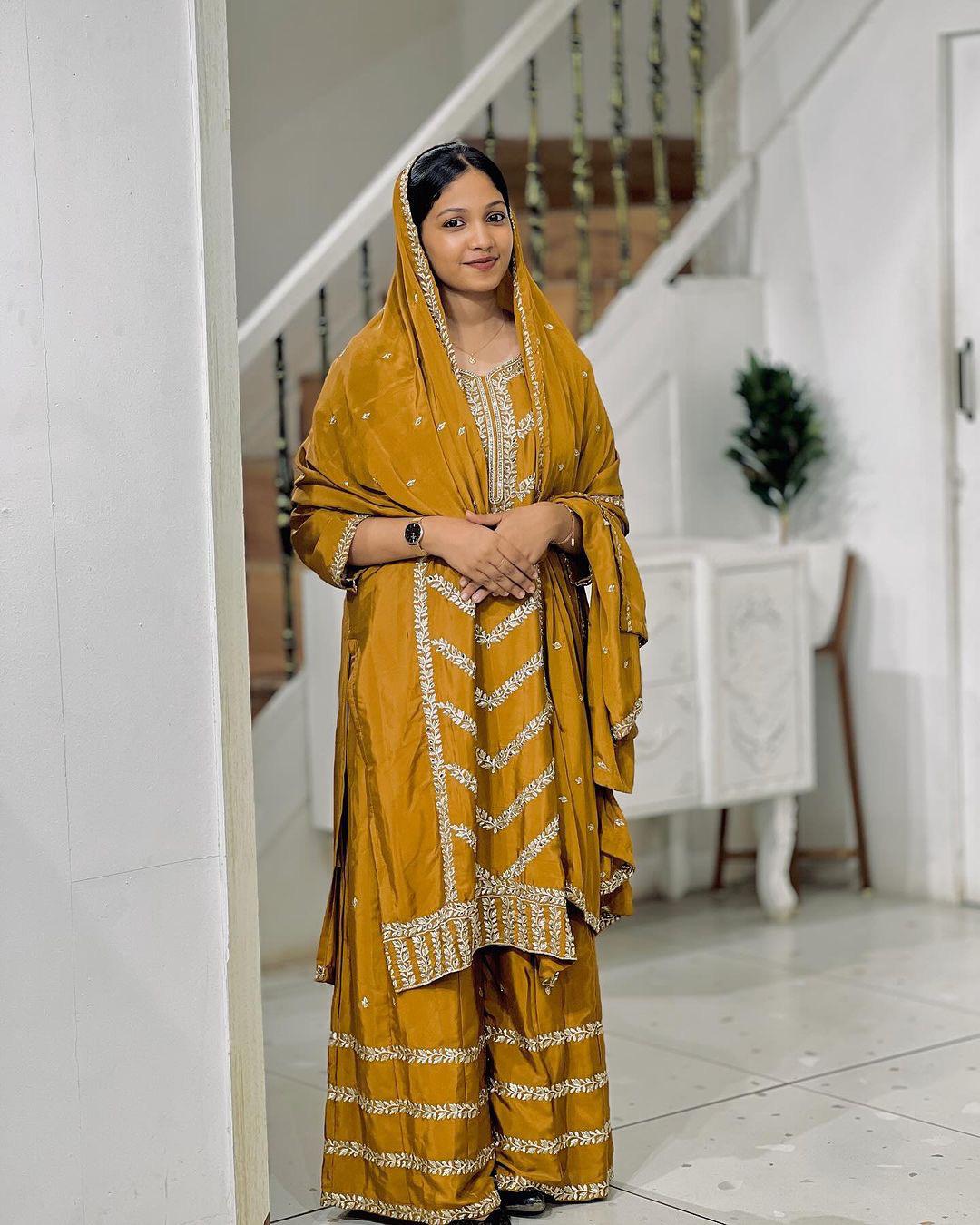 Innovative Mustard Color Sequence Work Sharara Suit