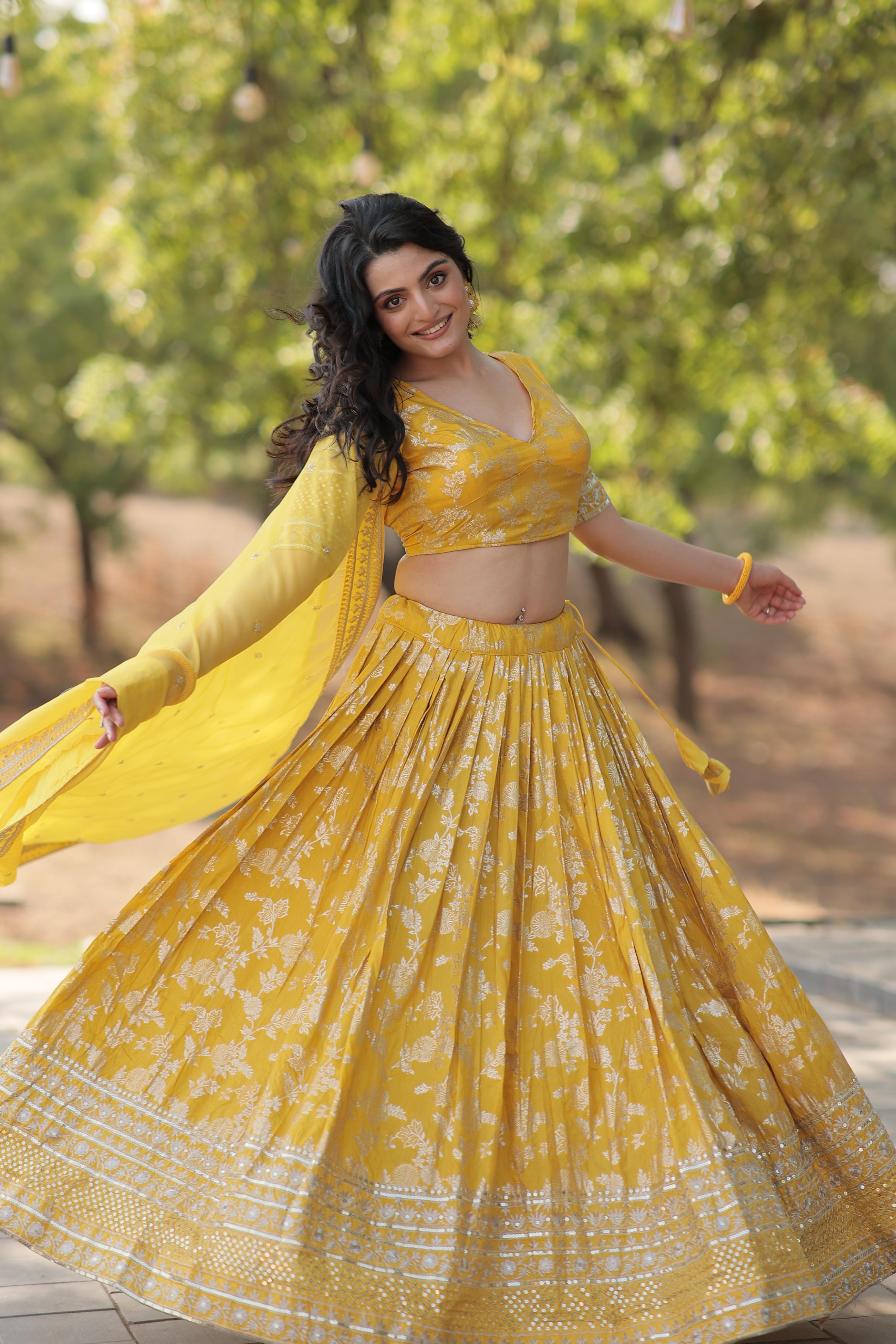 Wedding Wear Yellow Color Embroidered Work Lehenga Choli