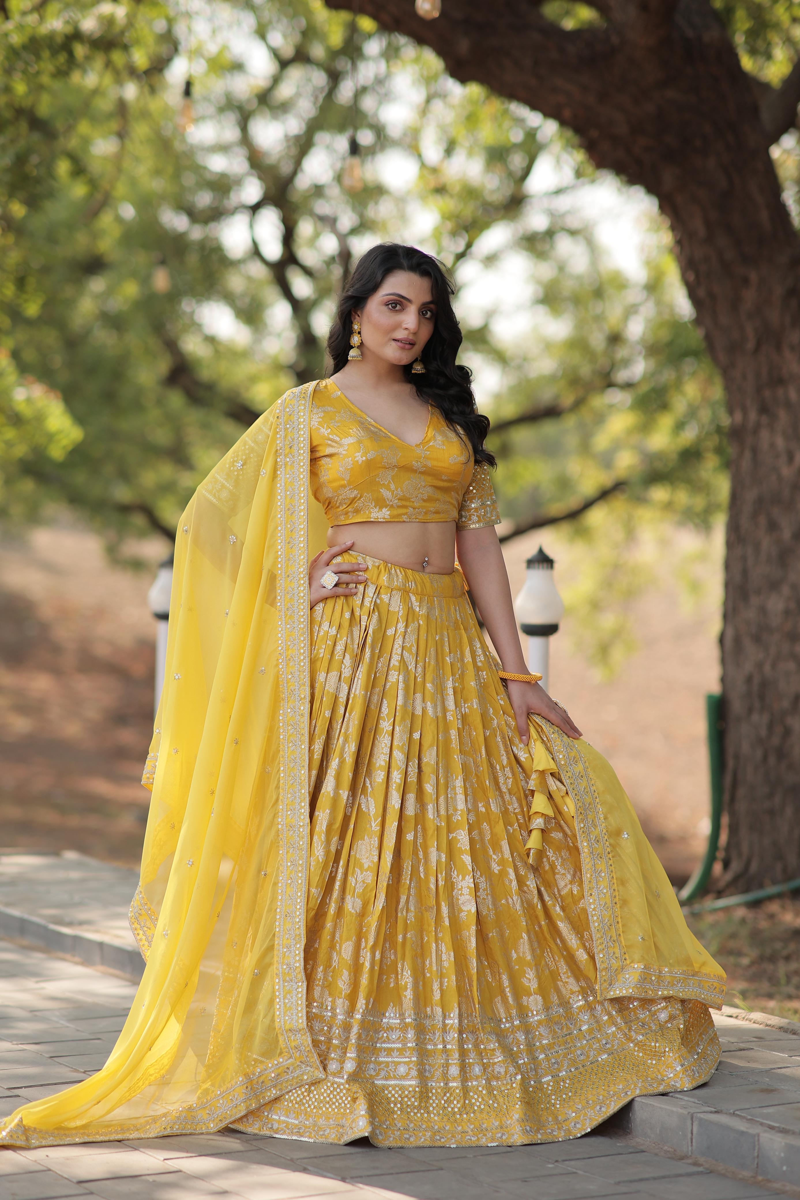 Wedding Wear Yellow Color Embroidered Work Lehenga Choli