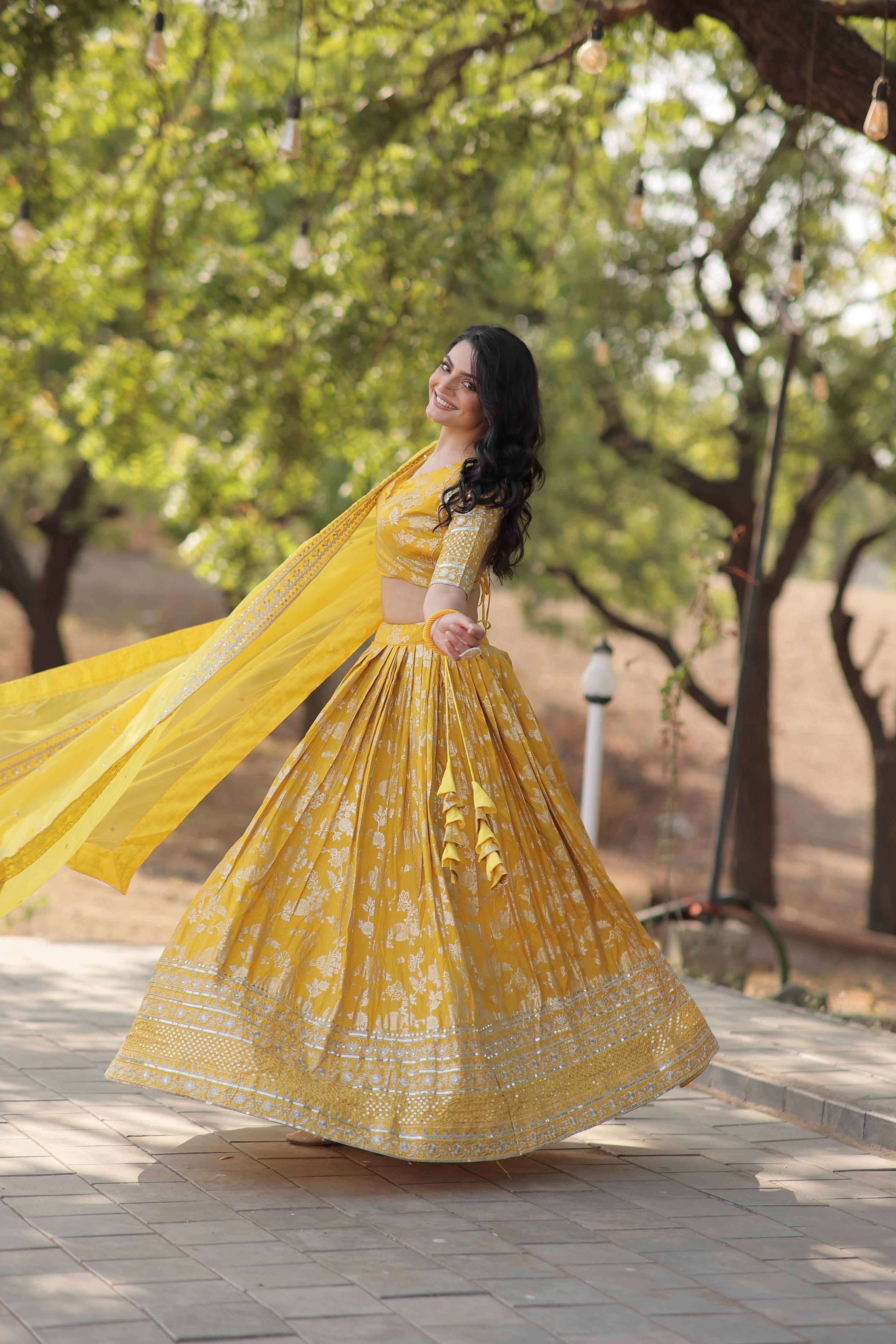 Wedding Wear Yellow Color Embroidered Work Lehenga Choli