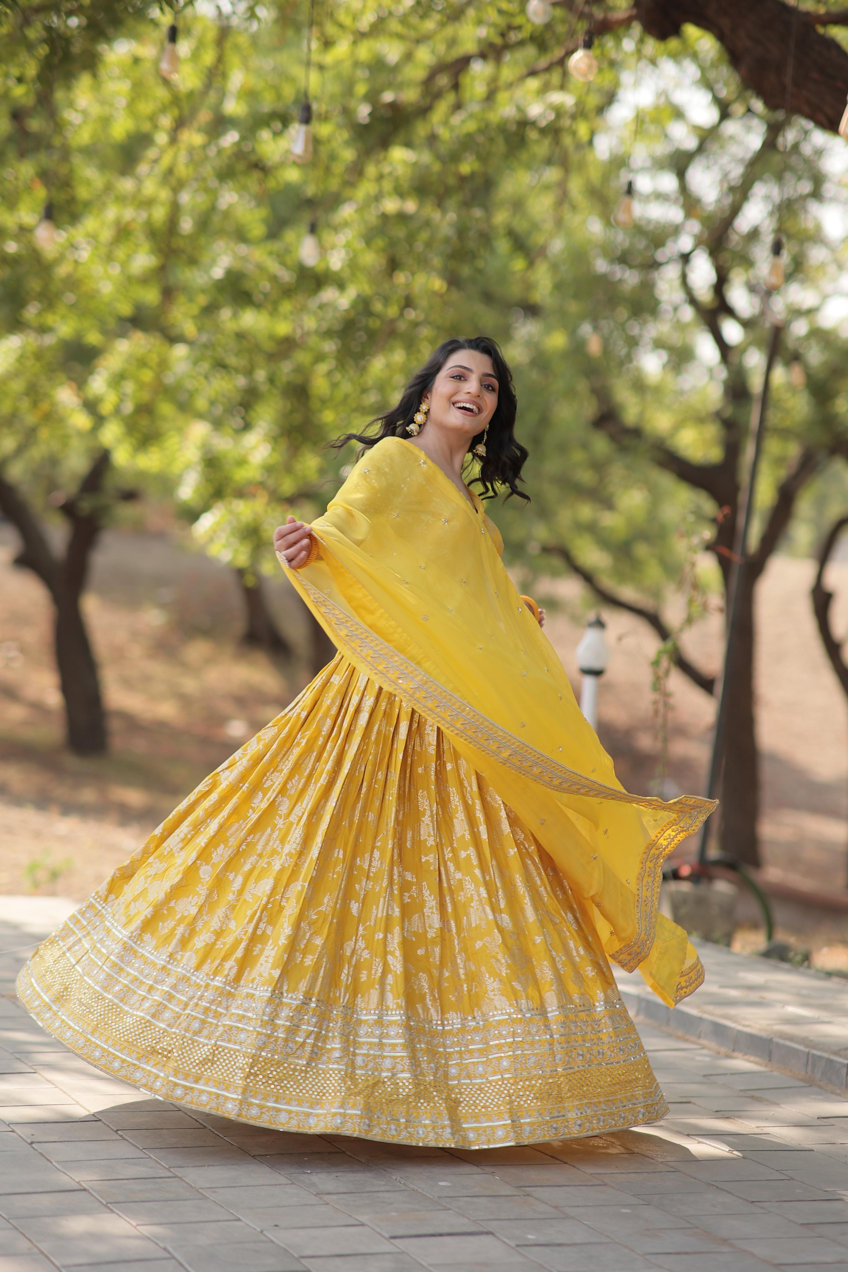 Wedding Wear Yellow Color Embroidered Work Lehenga Choli