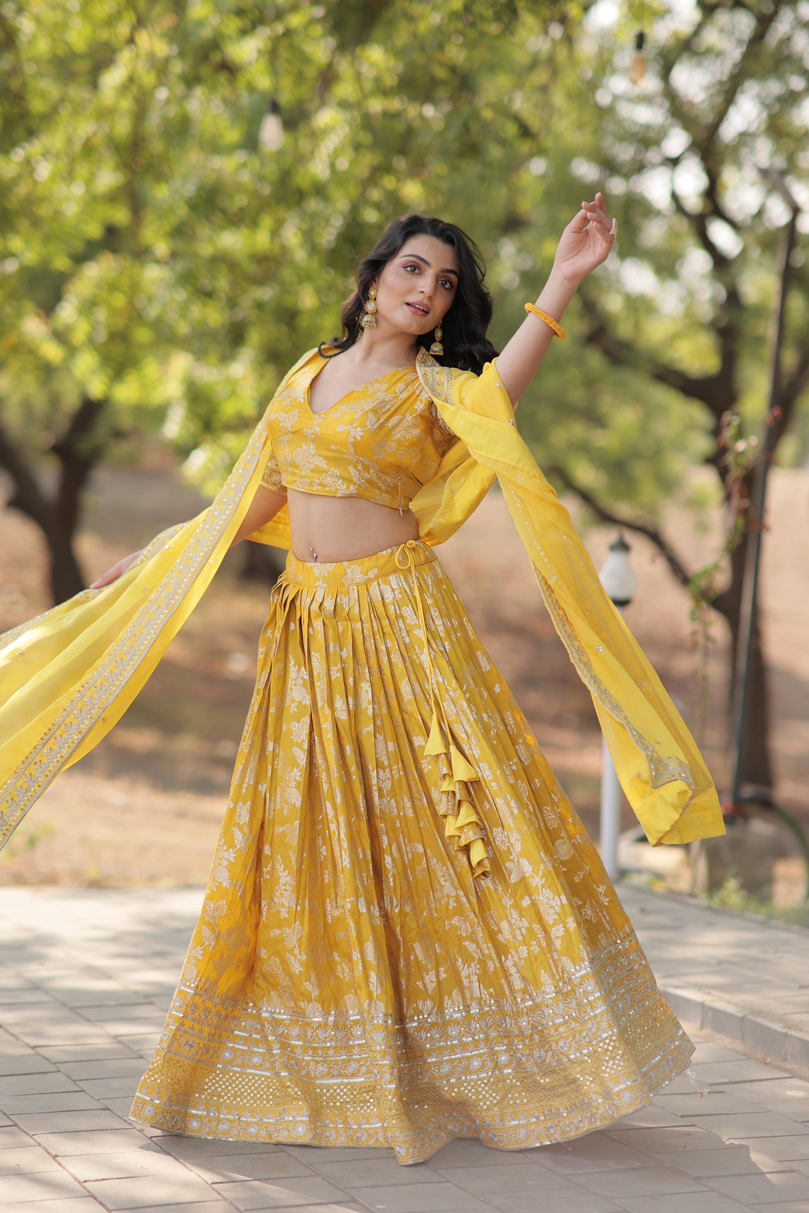 Wedding Wear Yellow Color Embroidered Work Lehenga Choli