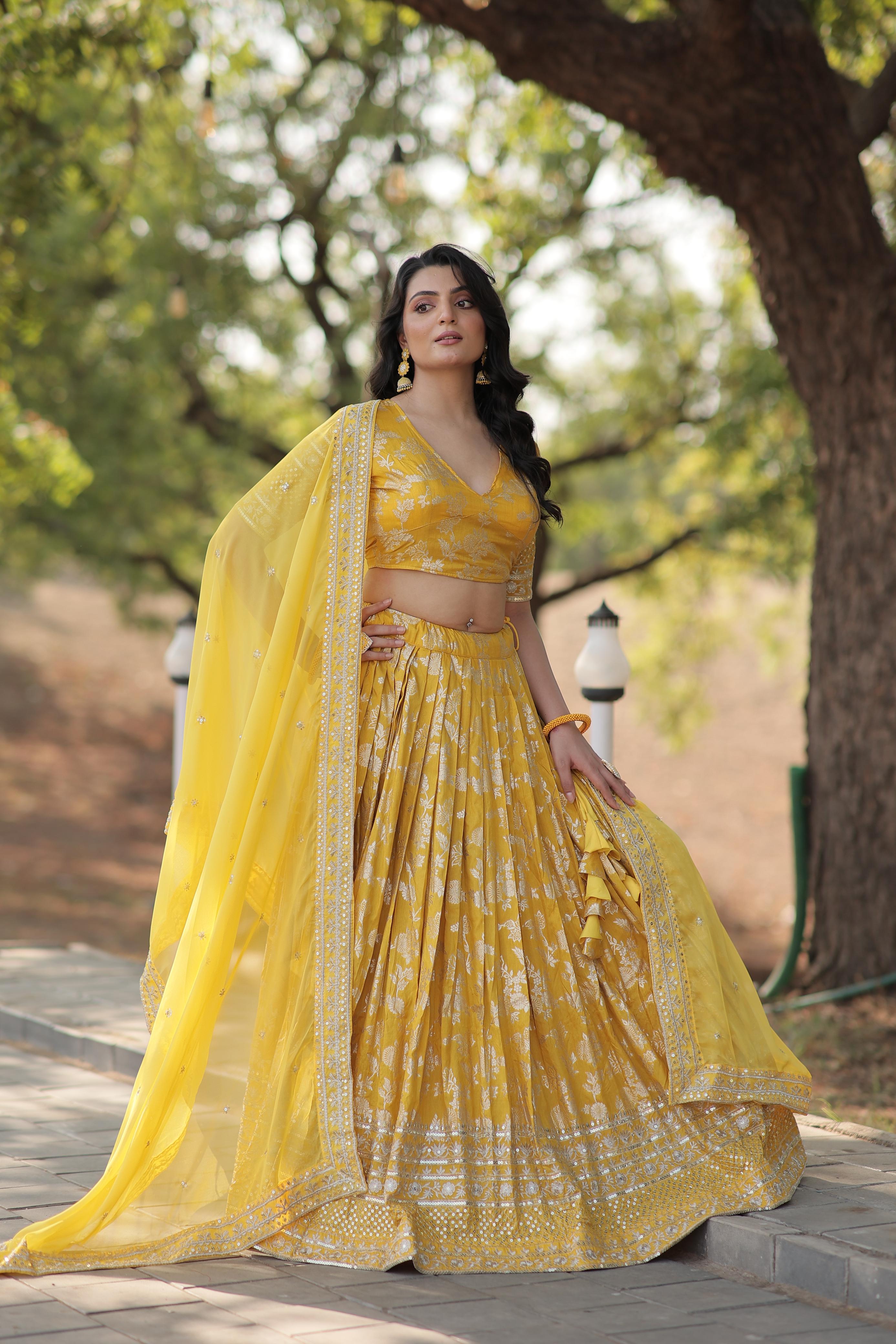 Wedding Wear Yellow Color Embroidered Work Lehenga Choli