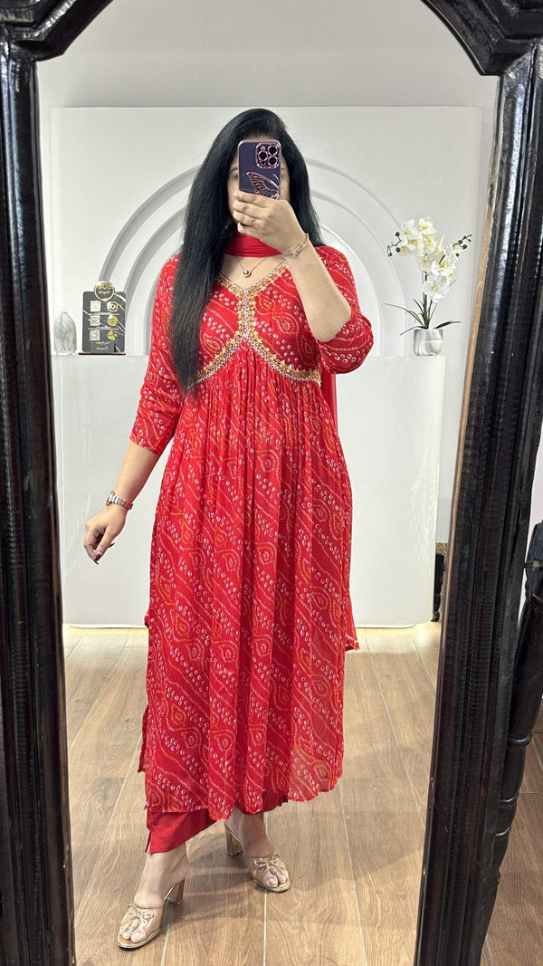 Classic Bandhni Printed Red Anarkali Suit