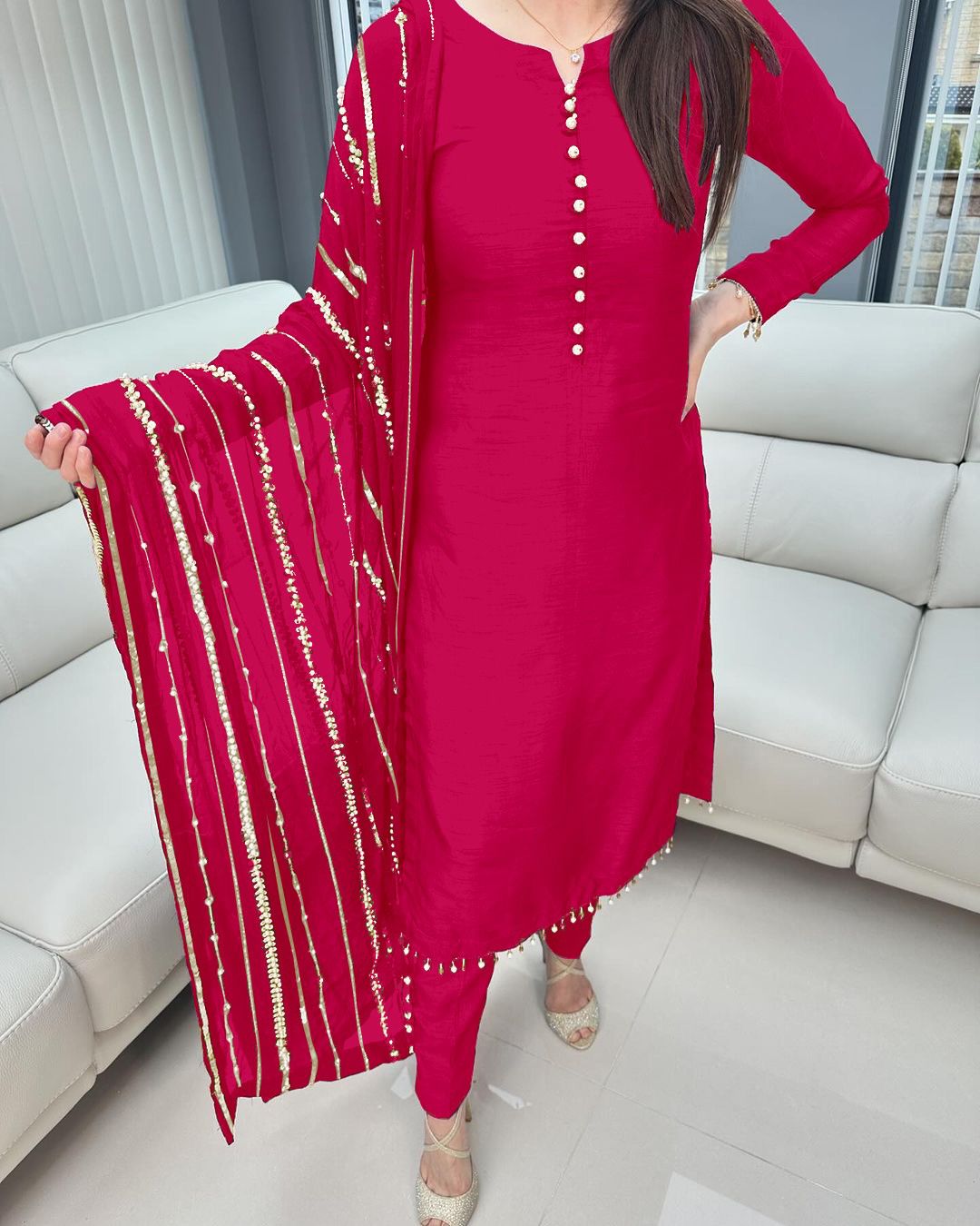 Beautiful Look Pink Color Designer Kurti Pent With Dupatta