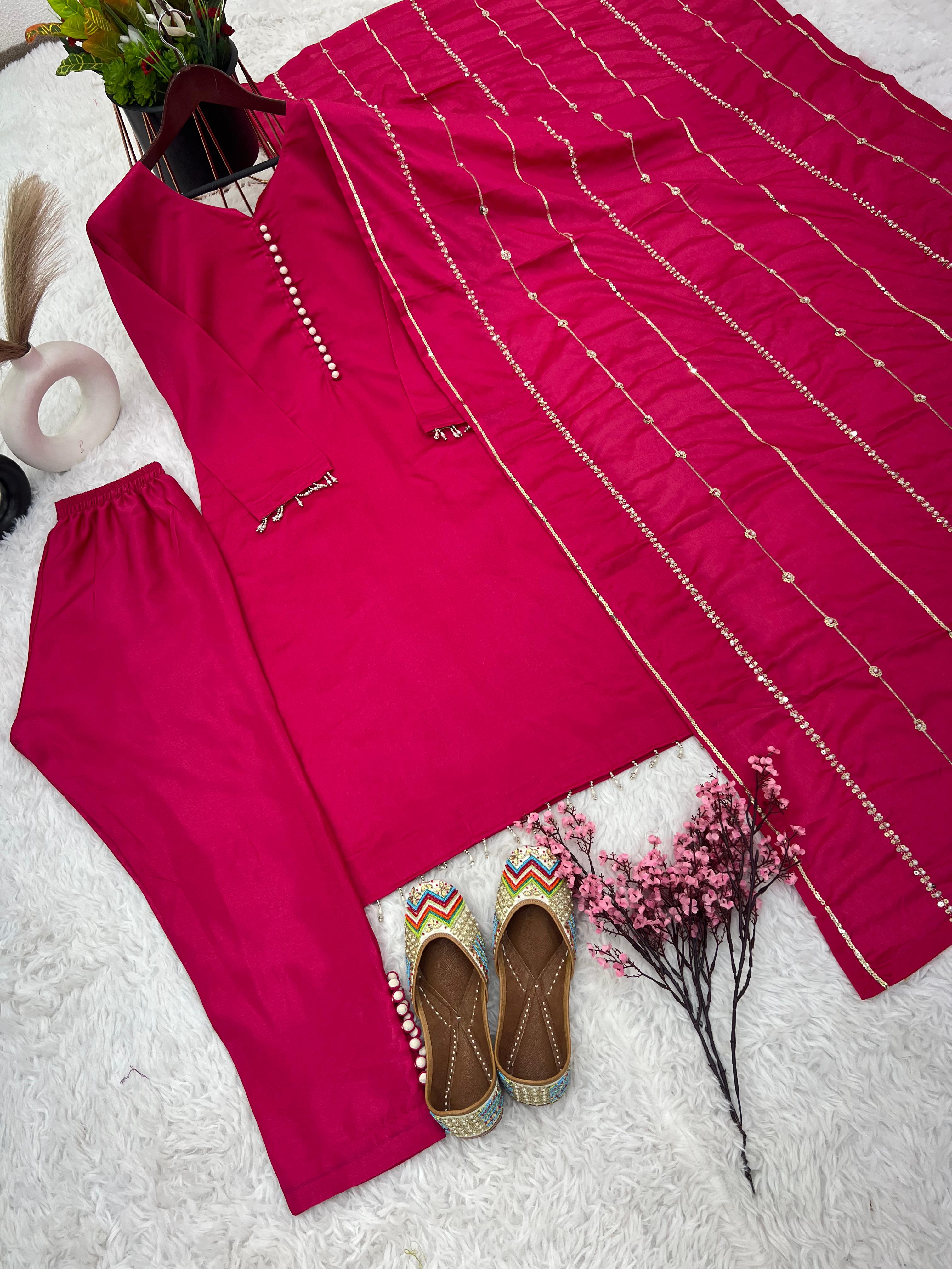 Beautiful Look Pink Color Designer Kurti Pent With Dupatta