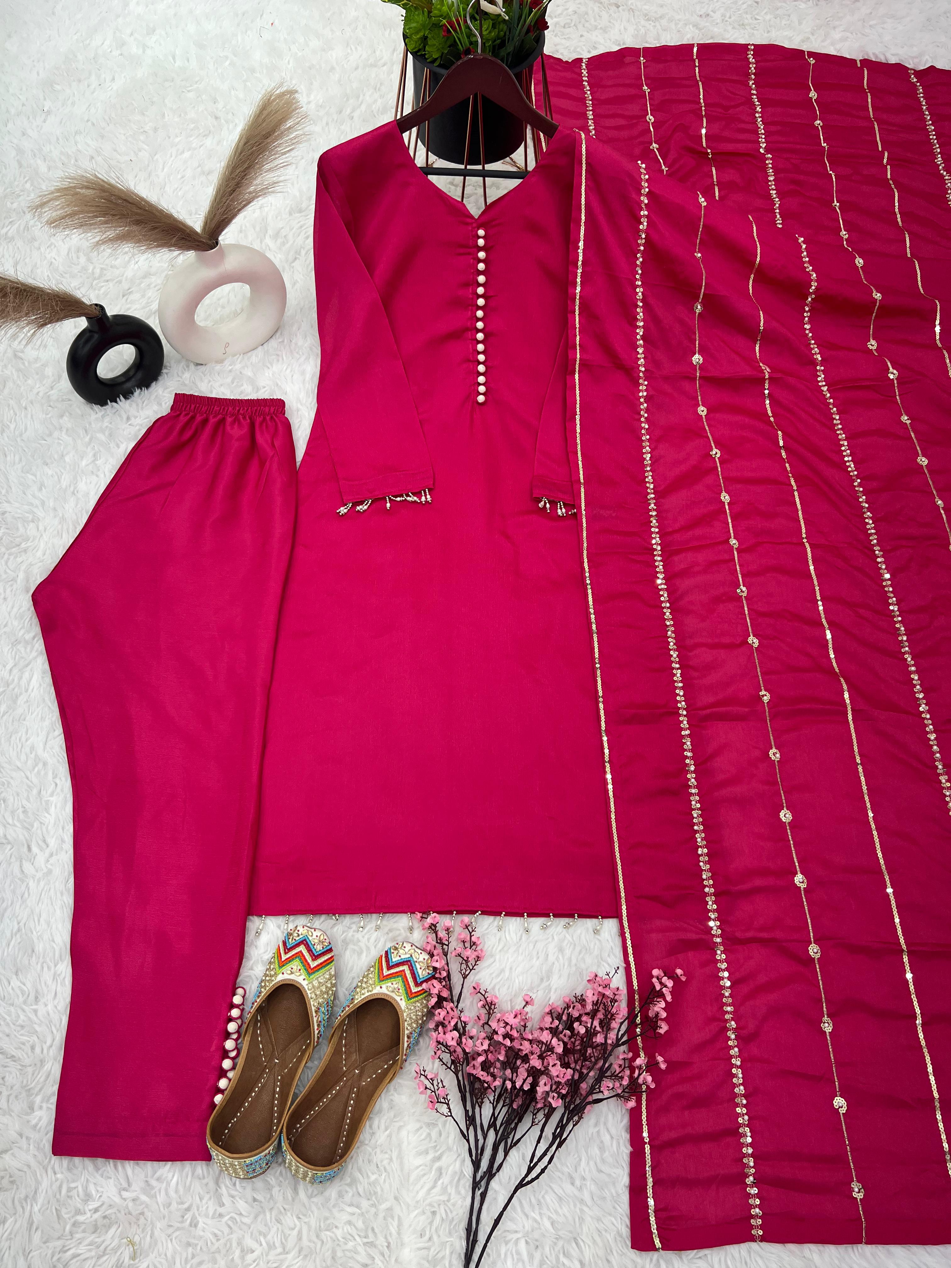 Beautiful Look Pink Color Designer Kurti Pent With Dupatta