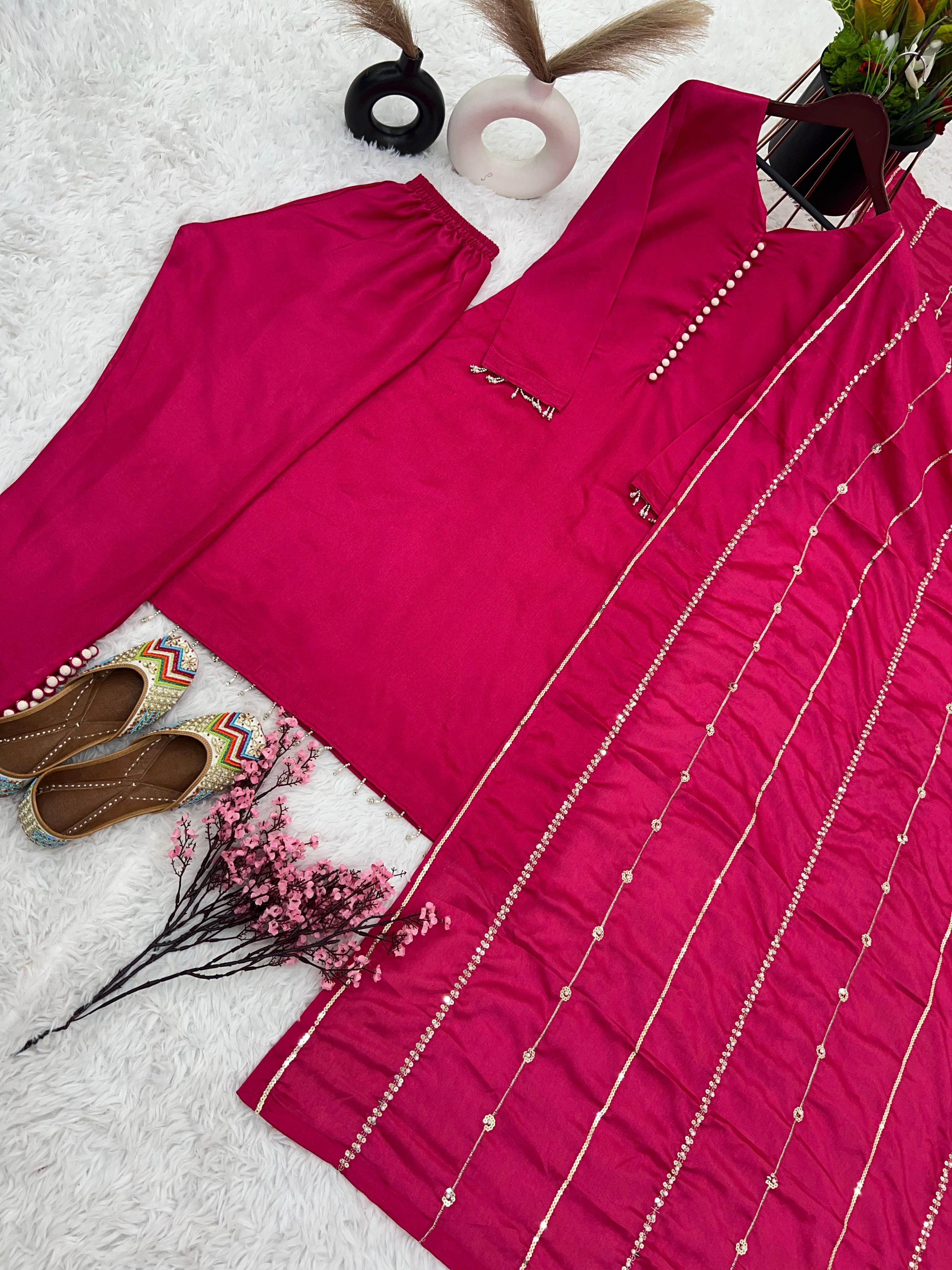 Beautiful Look Pink Color Designer Kurti Pent With Dupatta