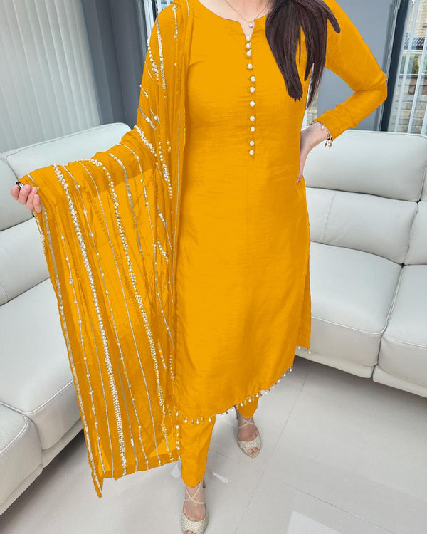 Beautiful Look Yellow Color Designer Kurti Pent With Dupatta