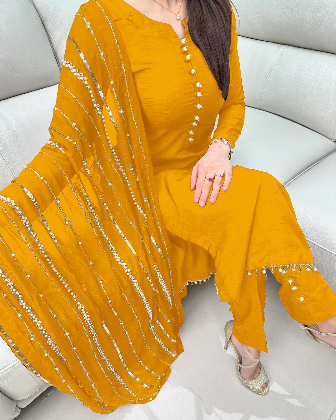 Beautiful Look Yellow Color Designer Kurti Pent With Dupatta