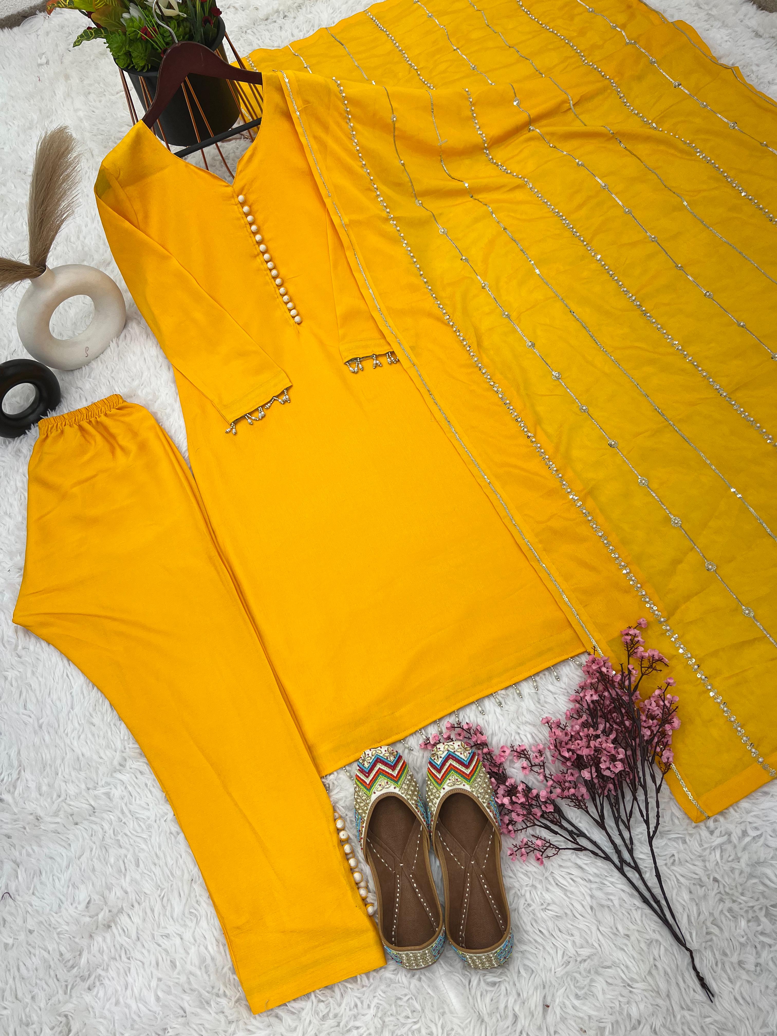 Beautiful Look Yellow Color Designer Kurti Pent With Dupatta