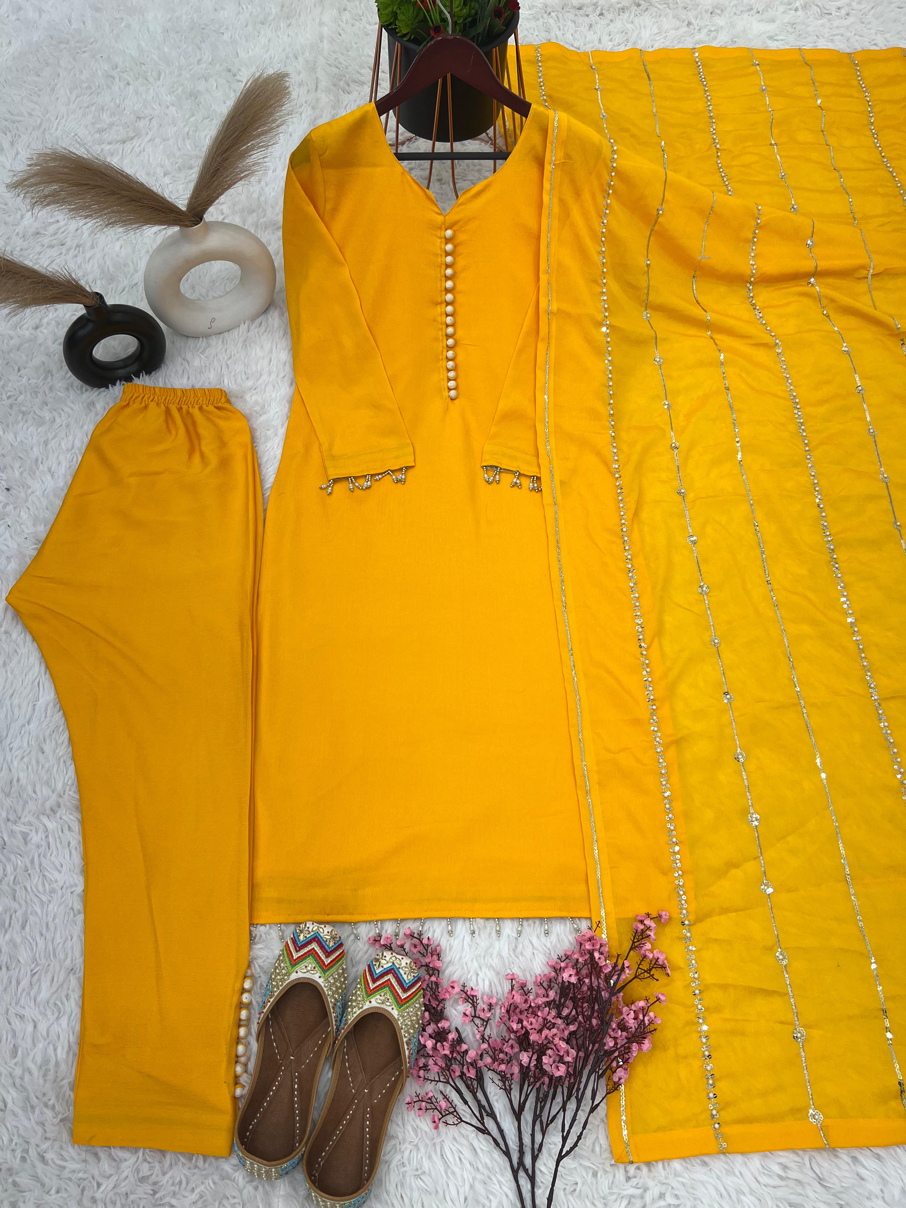 Beautiful Look Yellow Color Designer Kurti Pent With Dupatta