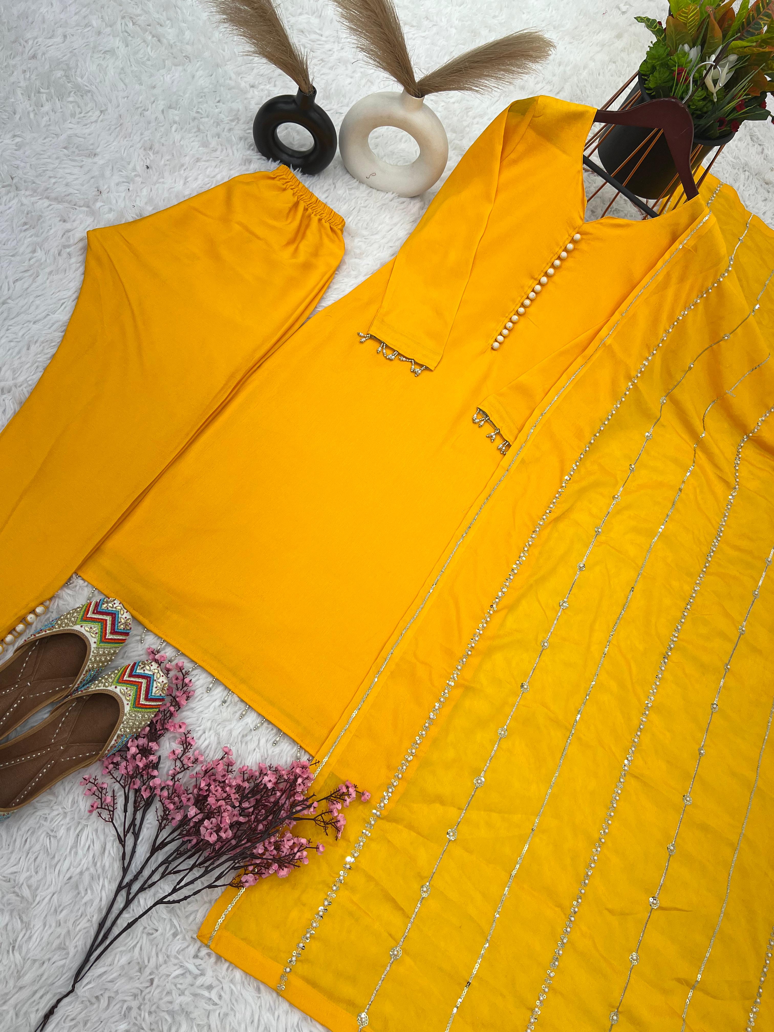 Beautiful Look Yellow Color Designer Kurti Pent With Dupatta