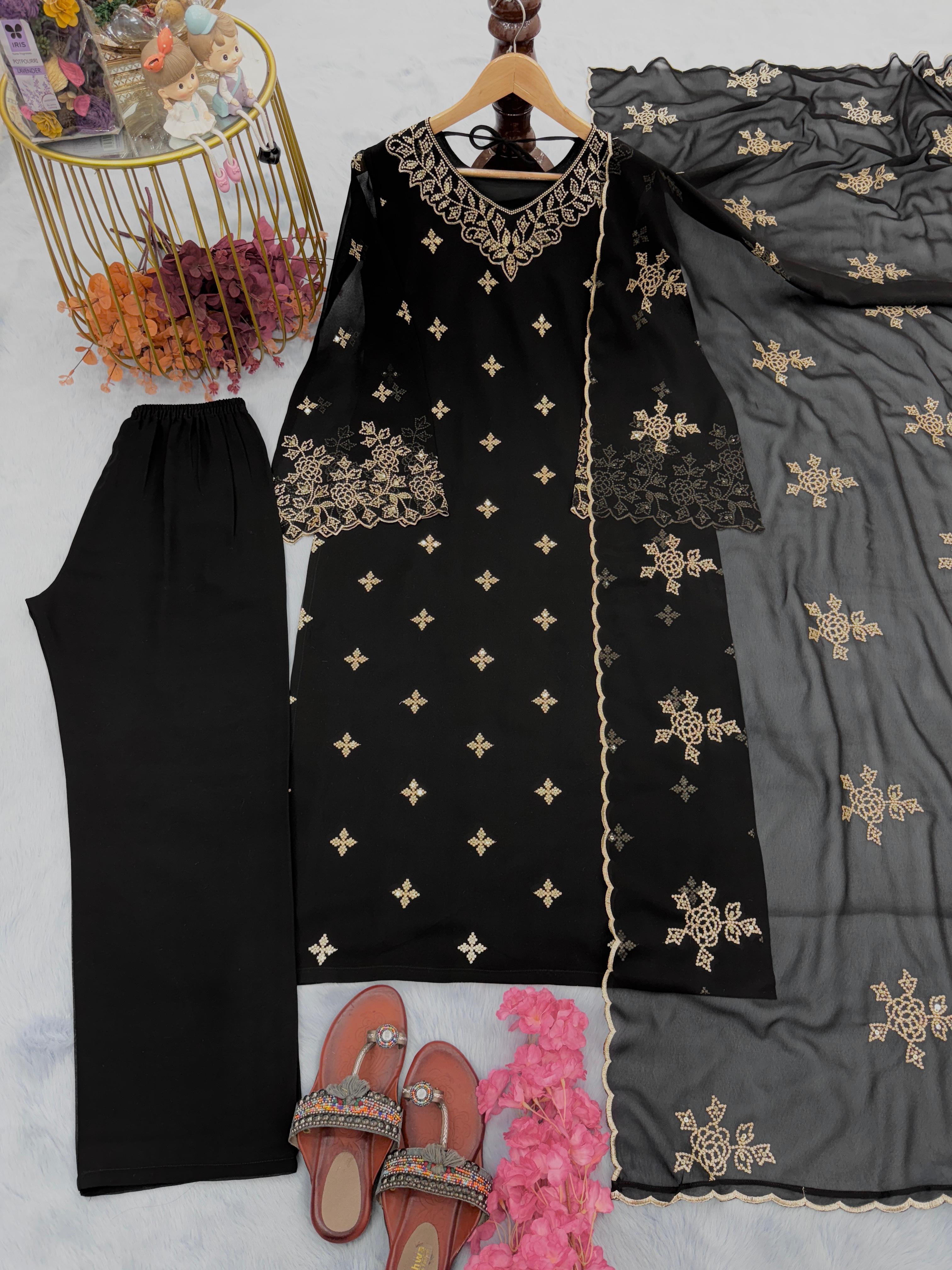 Embroidery Work Black Georgette Palazzo Suit