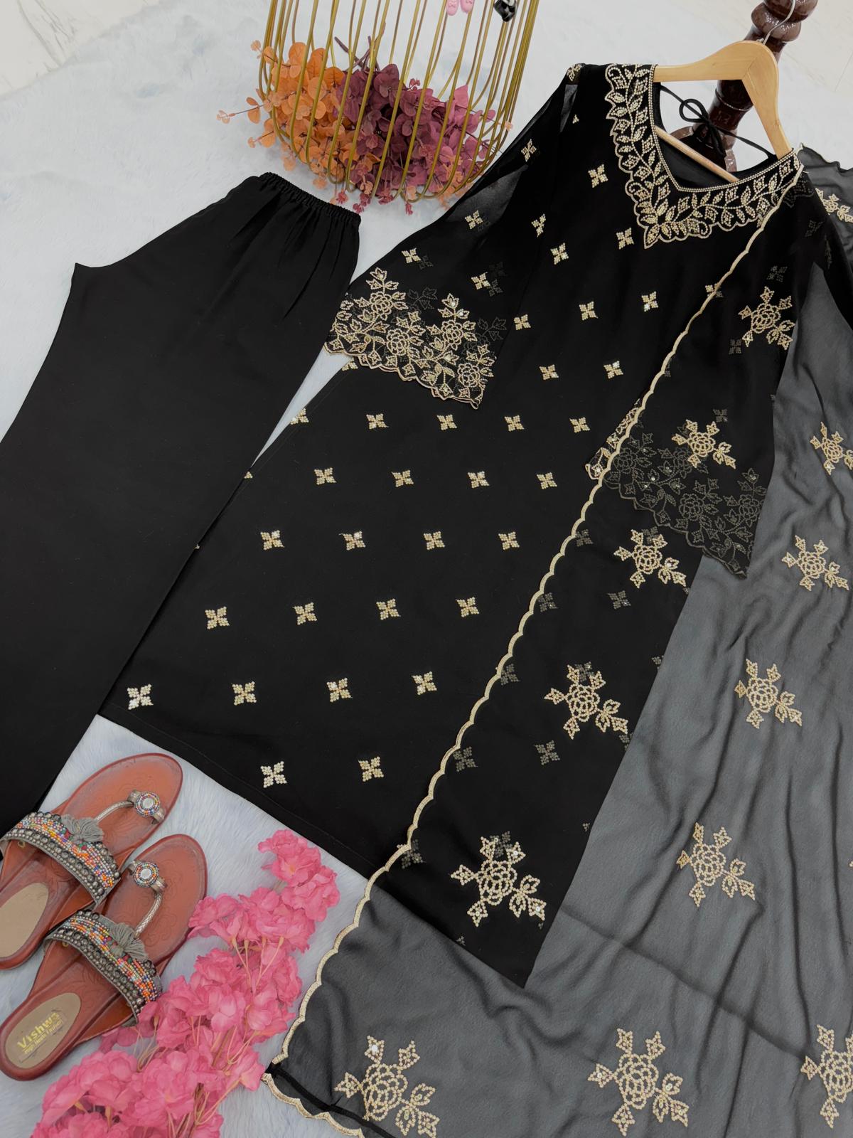 Embroidery Work Black Georgette Palazzo Suit