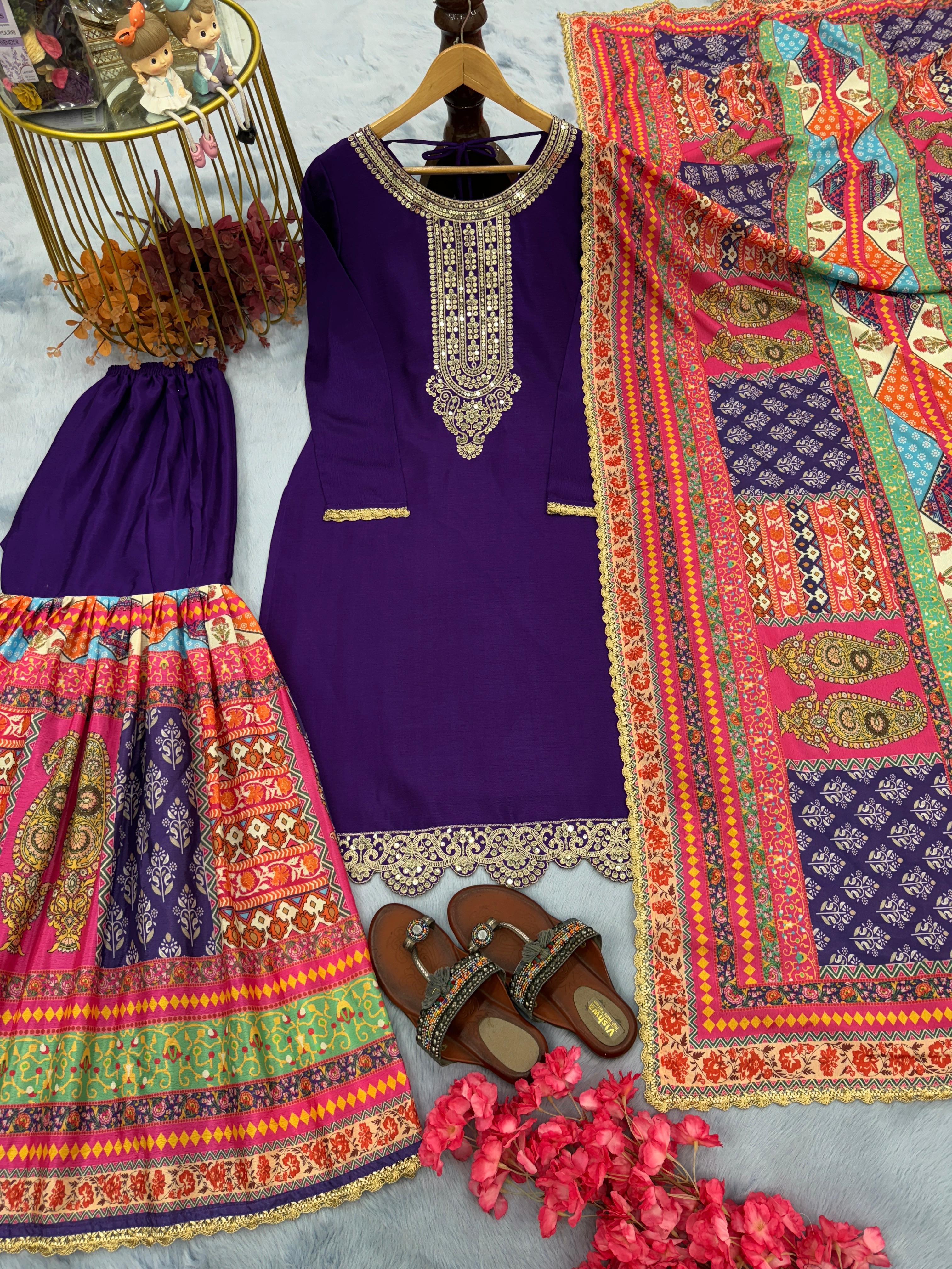 Latest Purple Color Multi Printed Sharara Suit