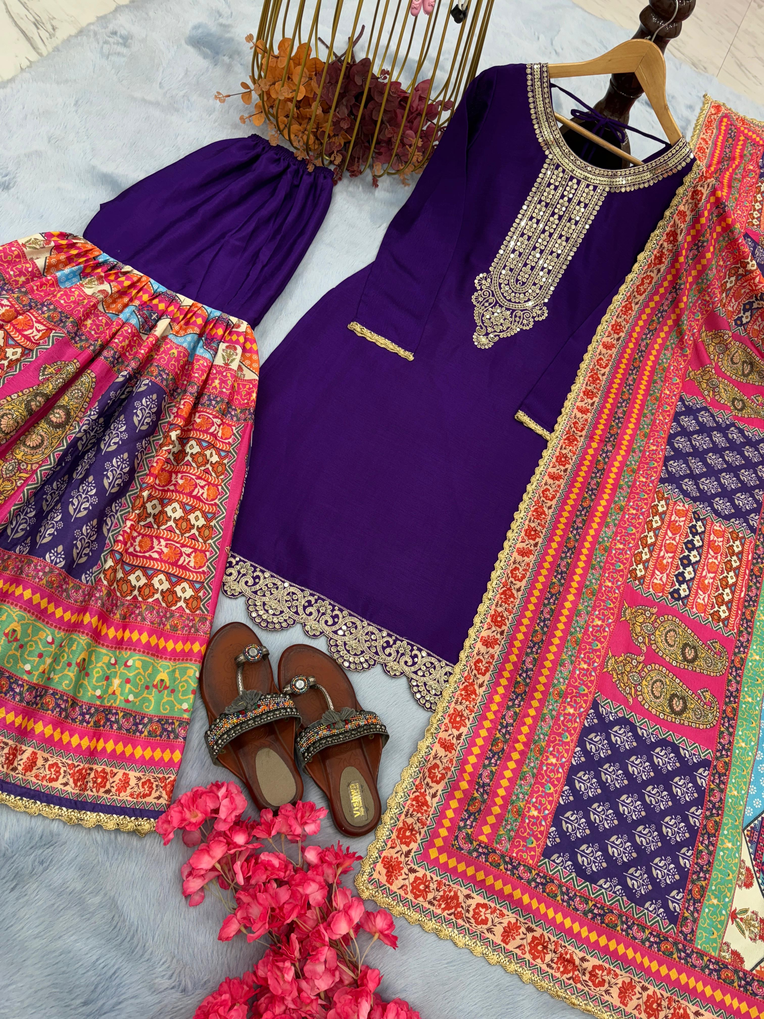 Latest Purple Color Multi Printed Sharara Suit