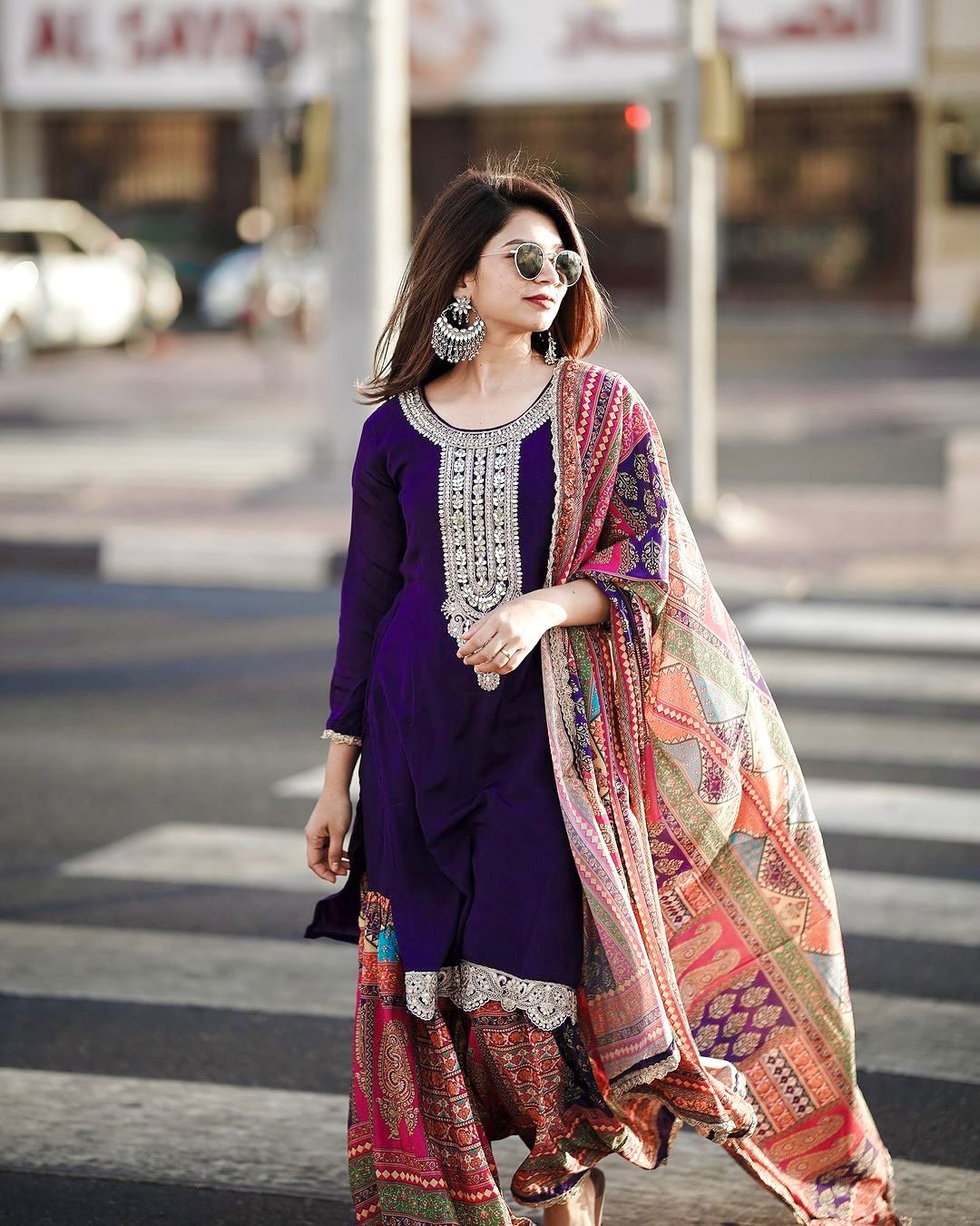 Latest Purple Color Multi Printed Sharara Suit