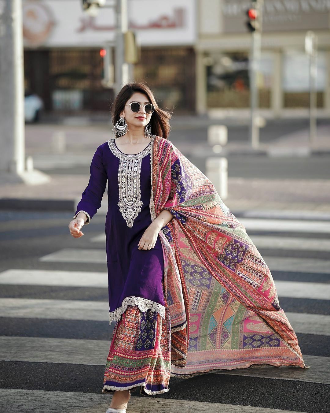 Latest Purple Color Multi Printed Sharara Suit