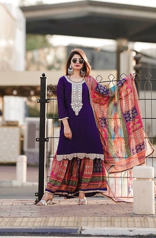 Latest Purple Color Multi Printed Sharara Suit