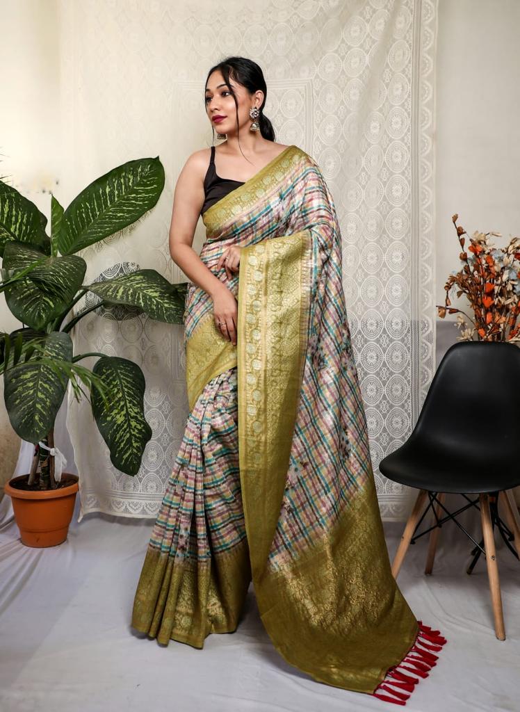 Rich Pallu Multi Print Mehendi Border Silk Saree