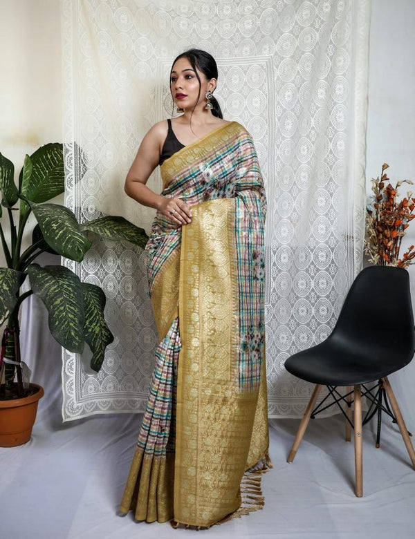 Rich Pallu Multi Print Mustard Border Silk Saree