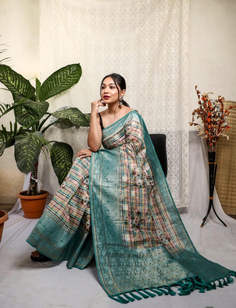 Rich Pallu Multi Print Sky Blue Border Silk Saree