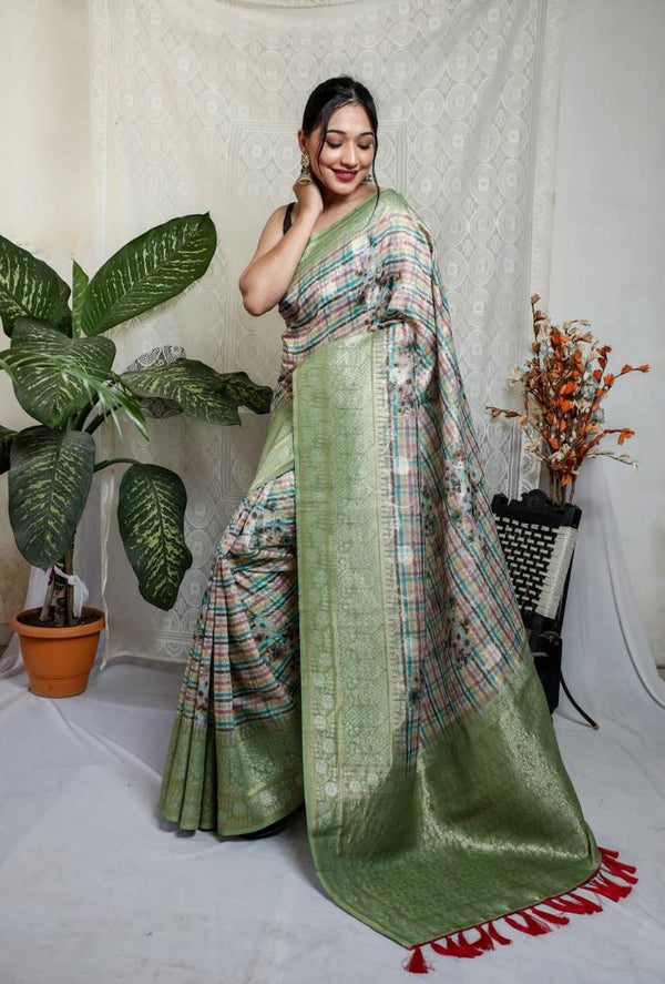 Rich Pallu Multi Print Green Border Silk Saree