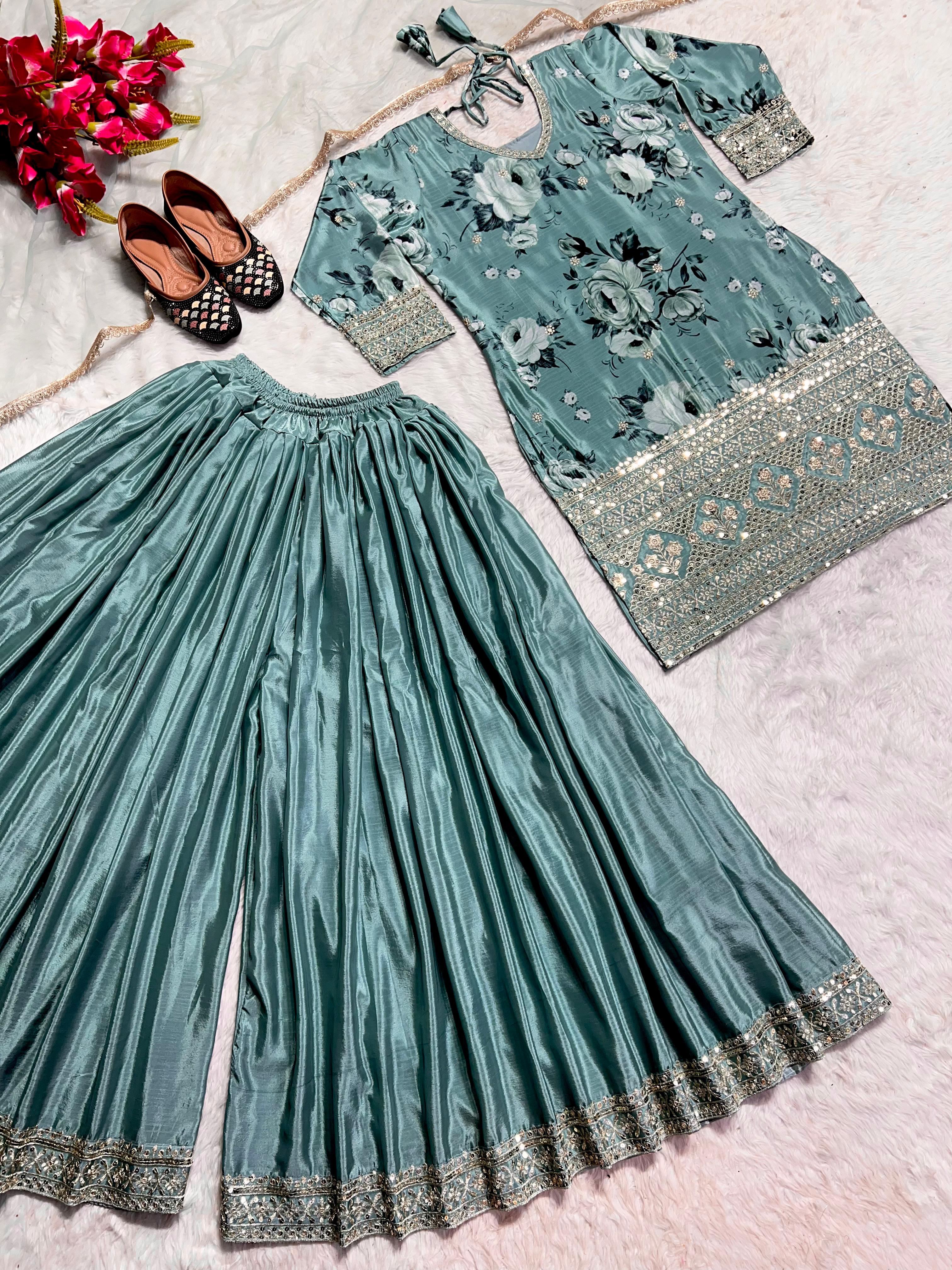 Sequence Work Printed Sky Blue Sharara Suit