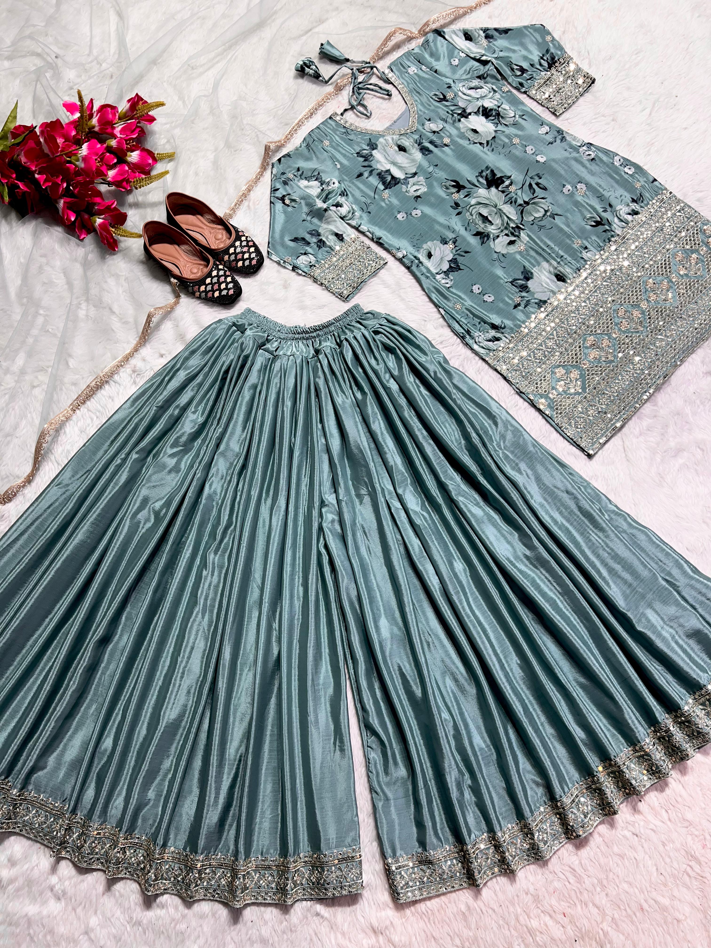 Sequence Work Printed Sky Blue Sharara Suit