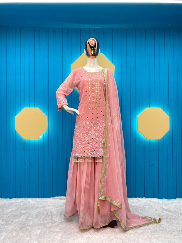 Party Wear Pink Color Sequence Work Sharara Suit