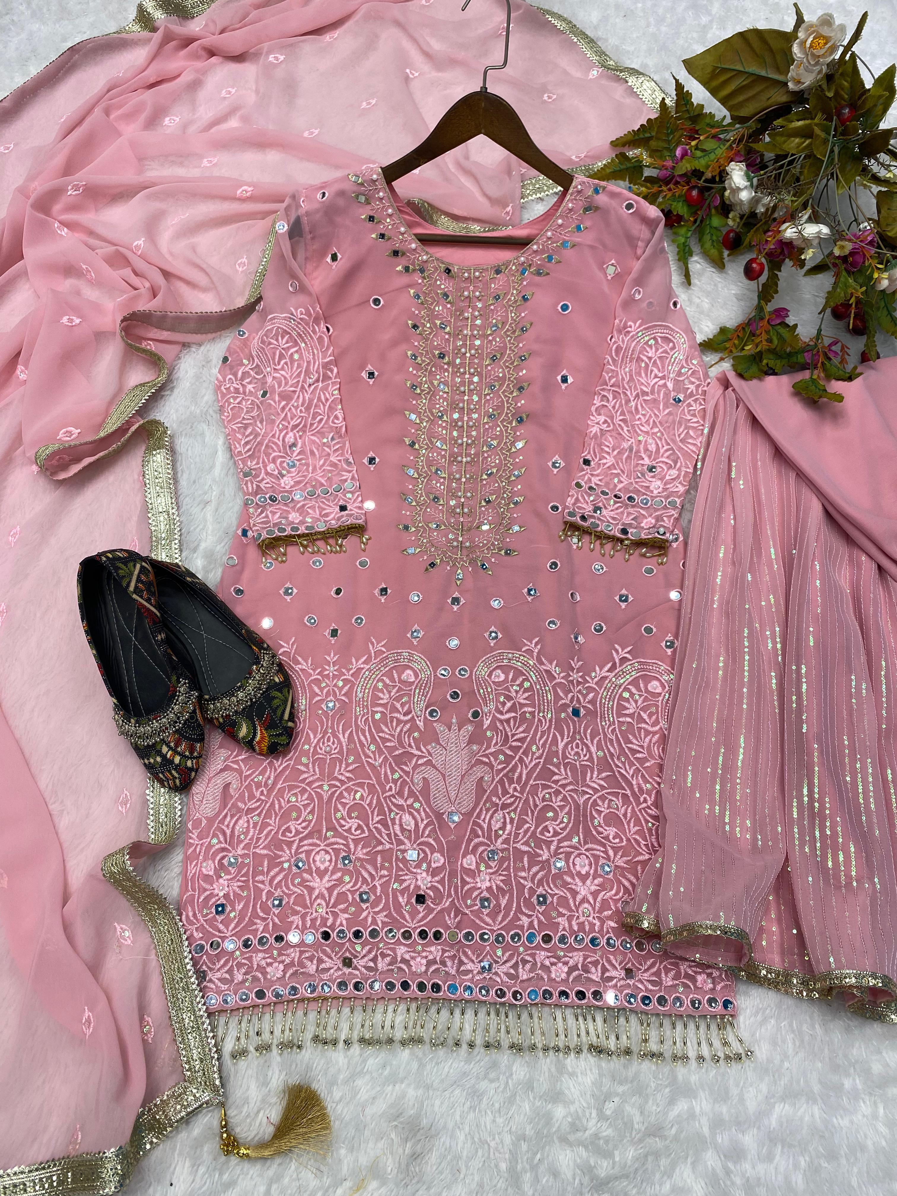 Party Wear Pink Color Sequence Work Sharara Suit