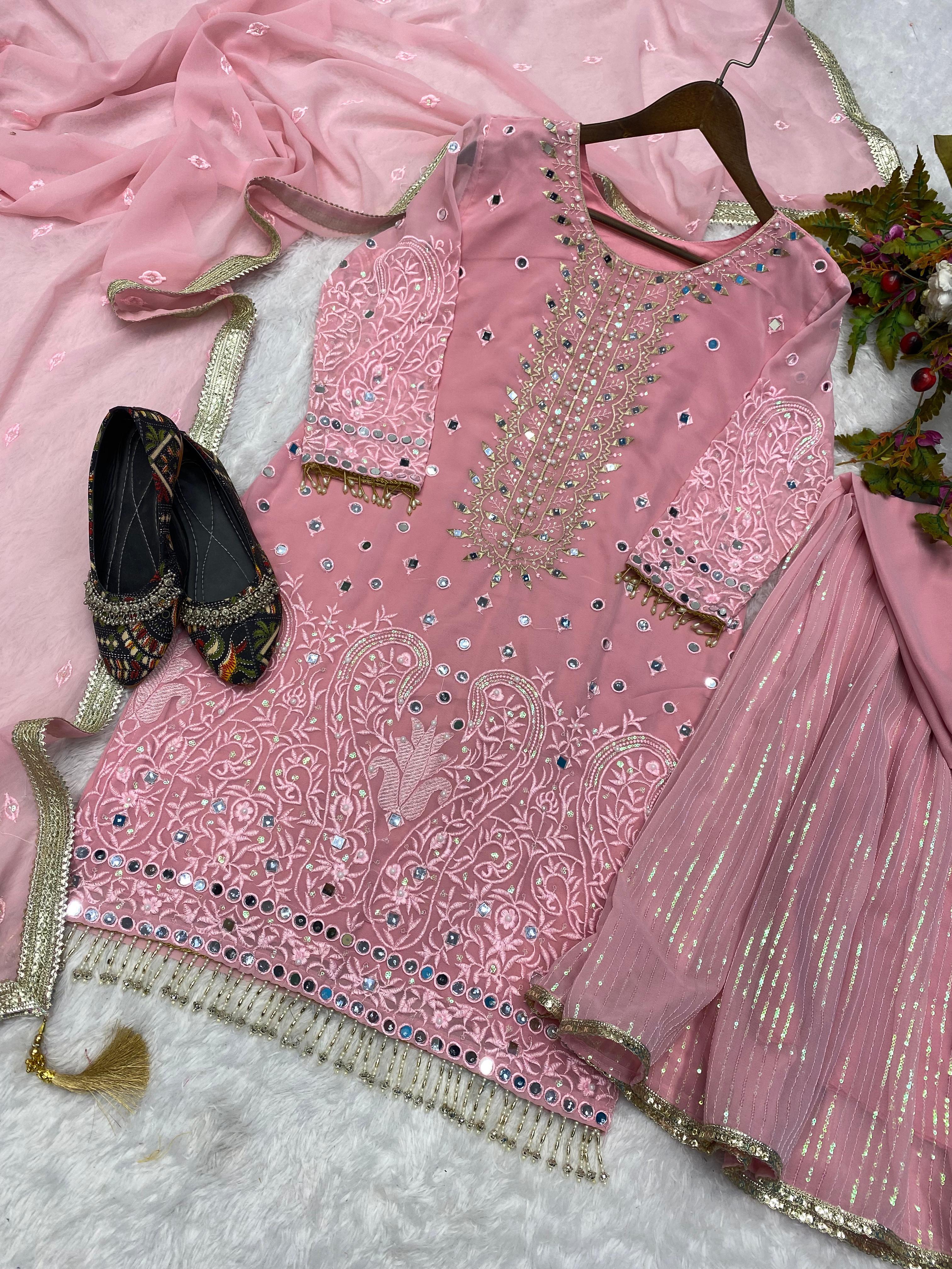 Party Wear Pink Color Sequence Work Sharara Suit