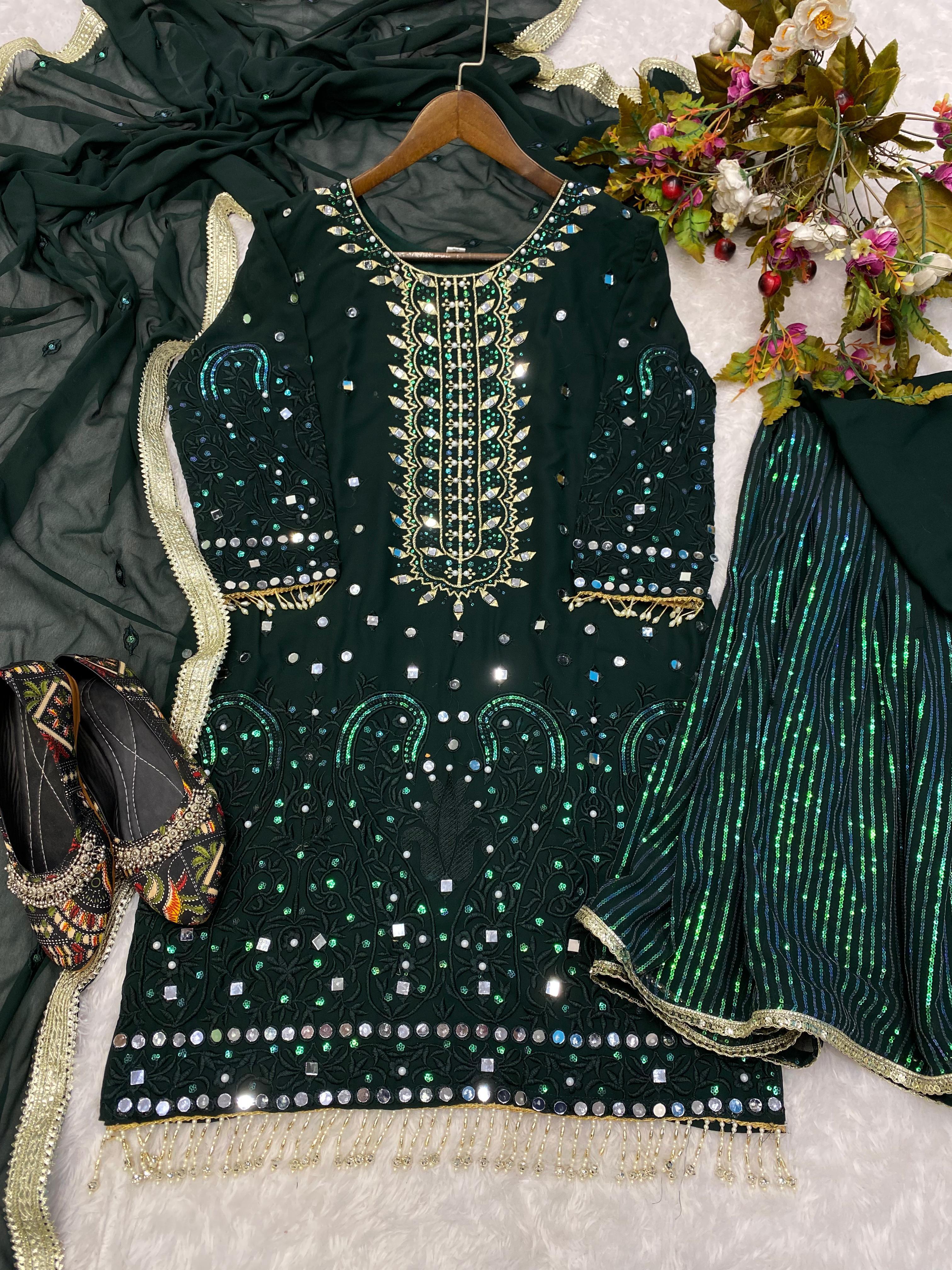 Party Wear Green Color Sequence Work Sharara Suit