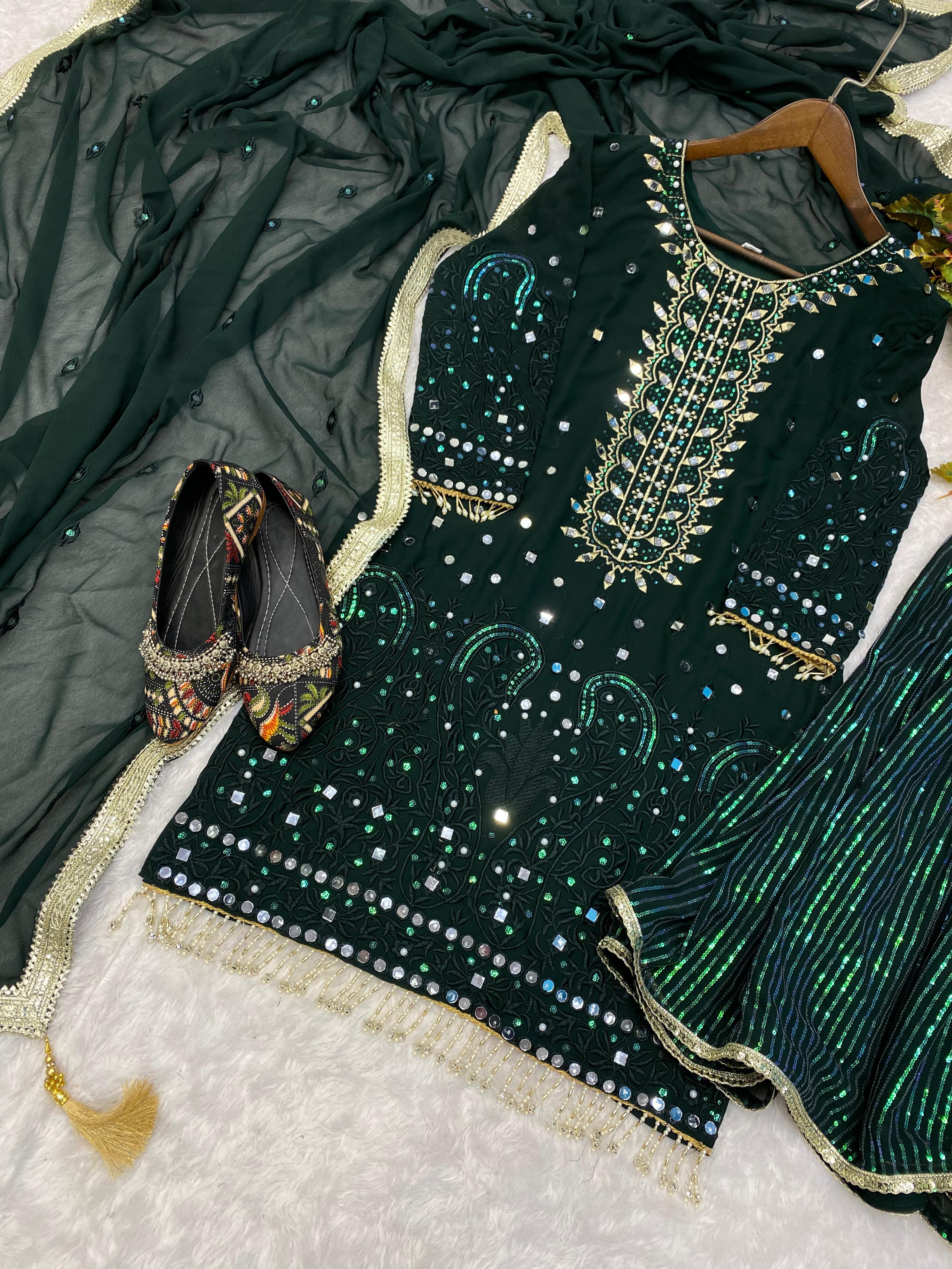 Party Wear Green Color Sequence Work Sharara Suit