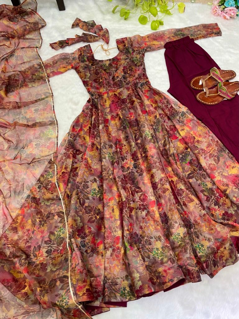 Maroon Latest Organza Anarkali With Kali Pattern