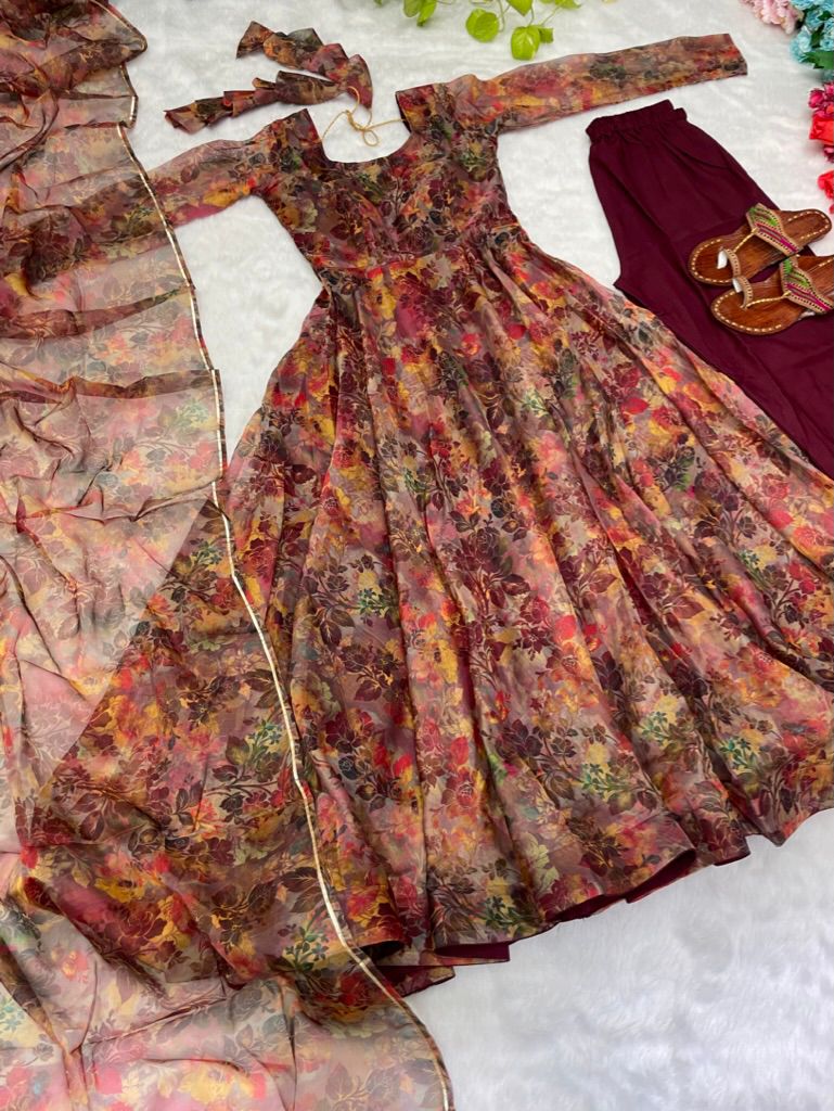 Maroon Latest Organza Anarkali With Kali Pattern