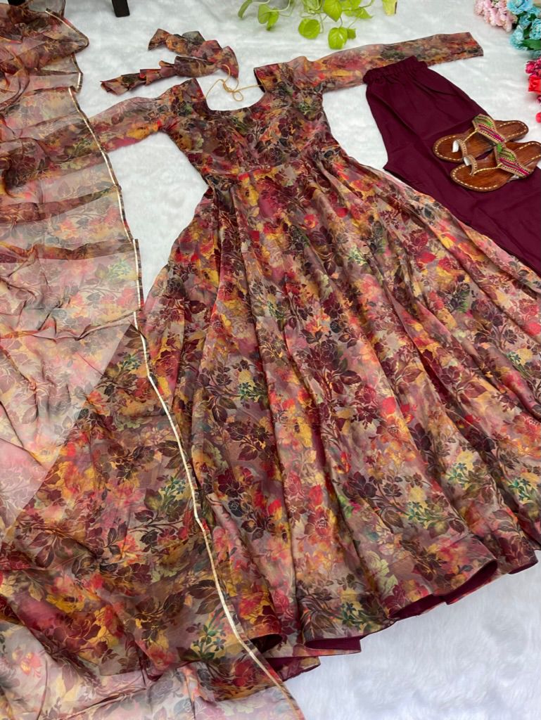 Maroon Latest Organza Anarkali With Kali Pattern