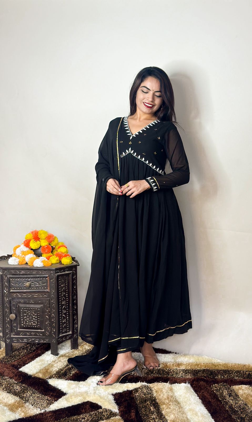 Black Color Neck With Sleeve Work Anarkali Suit