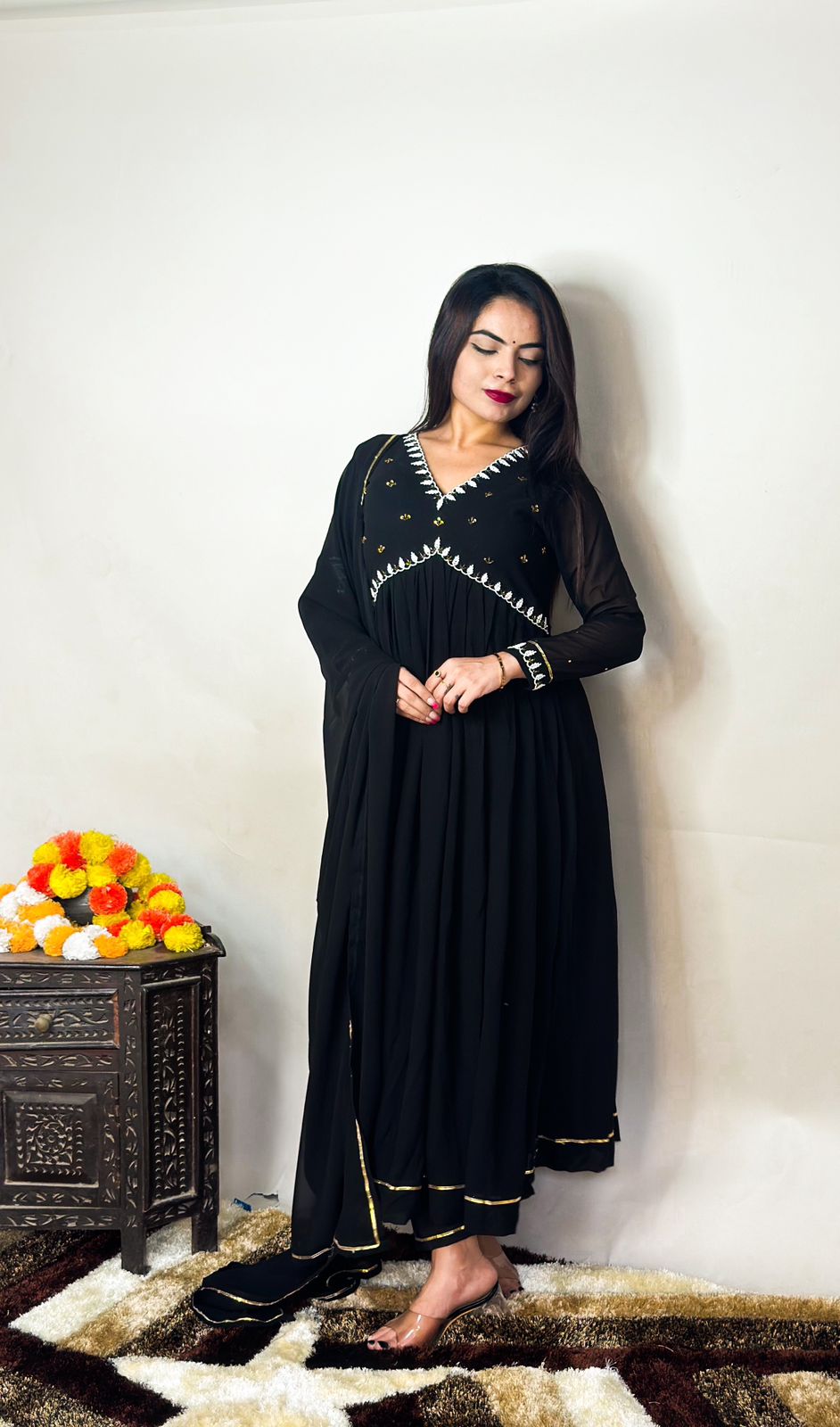 Black Color Neck With Sleeve Work Anarkali Suit