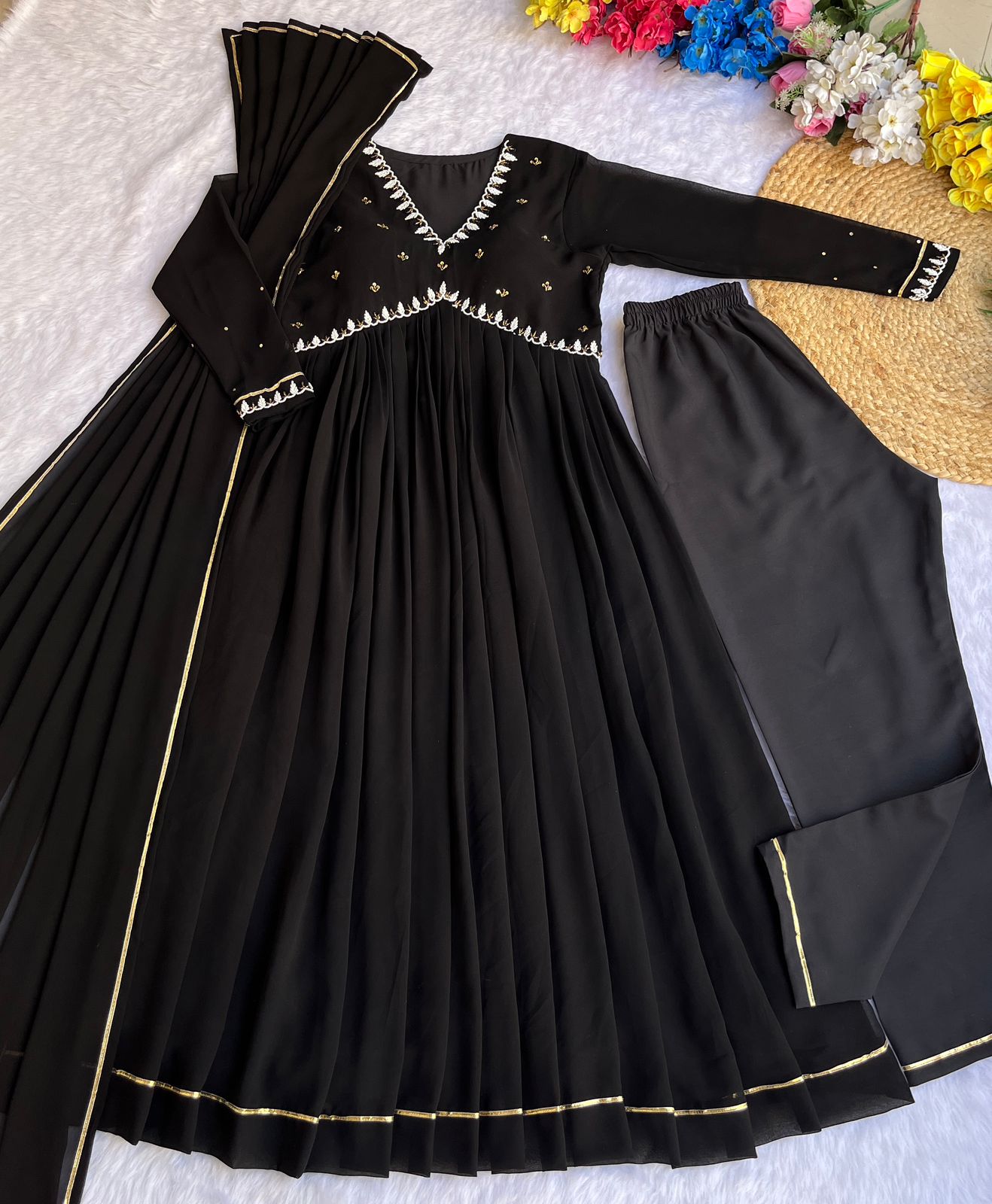 Black Color Neck With Sleeve Work Anarkali Suit