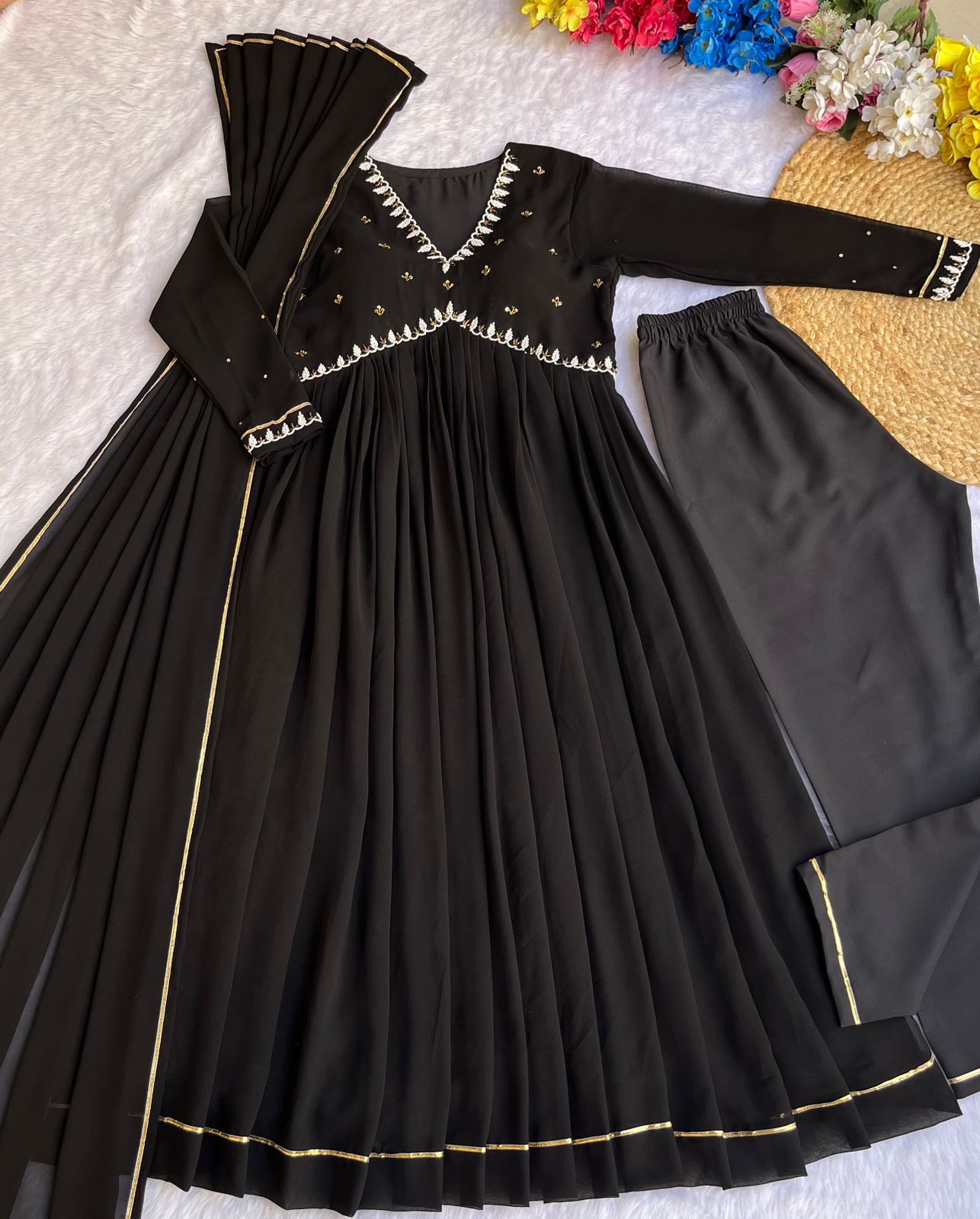 Black Color Neck With Sleeve Work Anarkali Suit