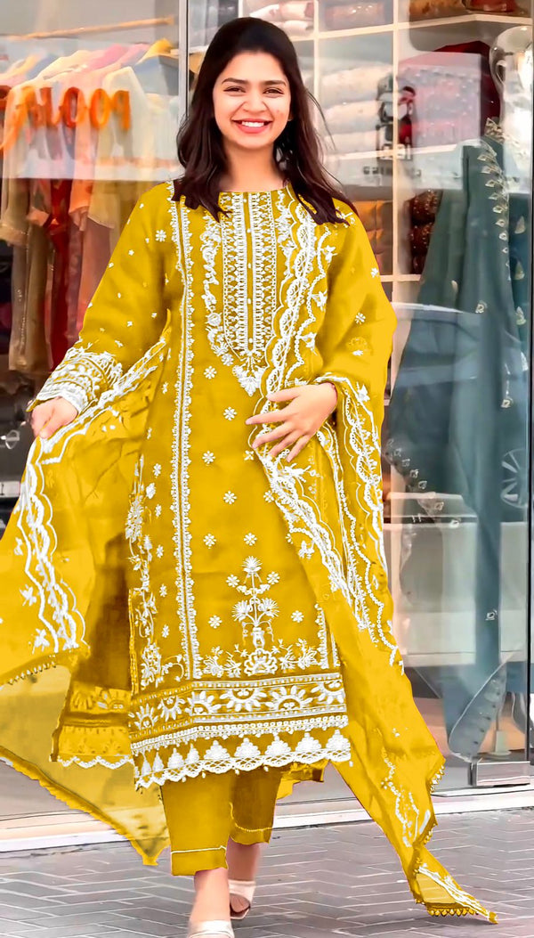 Eyes Catching Organza Yellow Color Salwar Suit