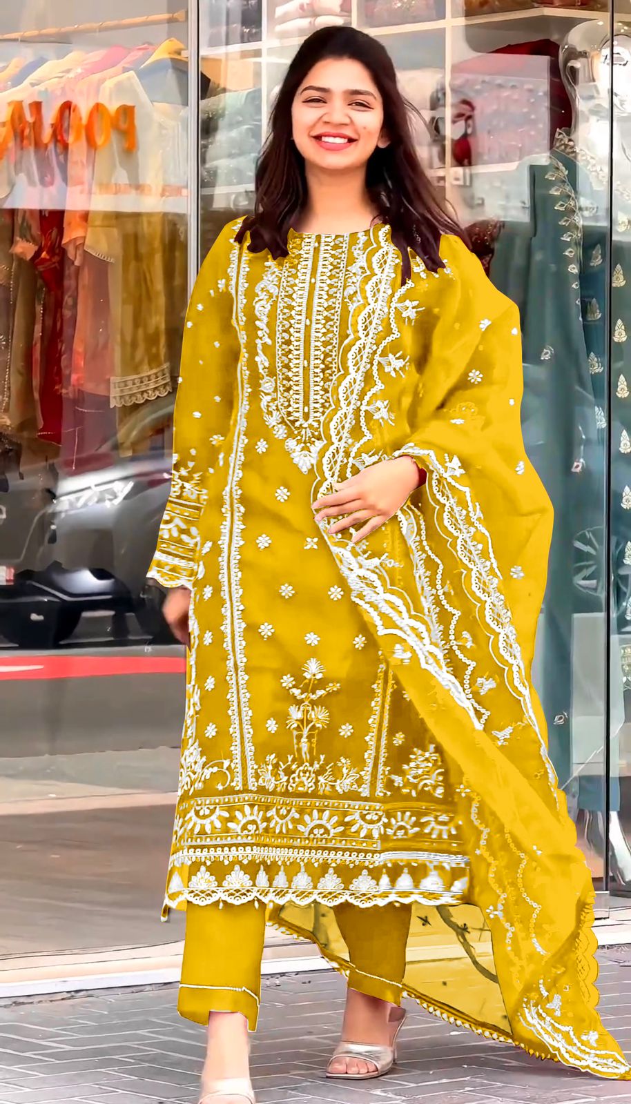 Eyes Catching Organza Yellow Color Salwar Suit