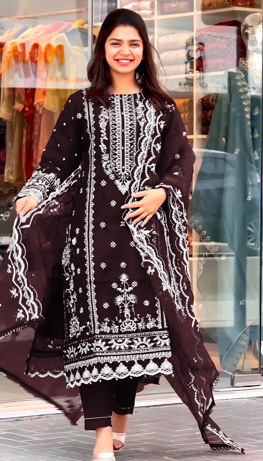 Eyes Catching Organza Brown Color Salwar Suit