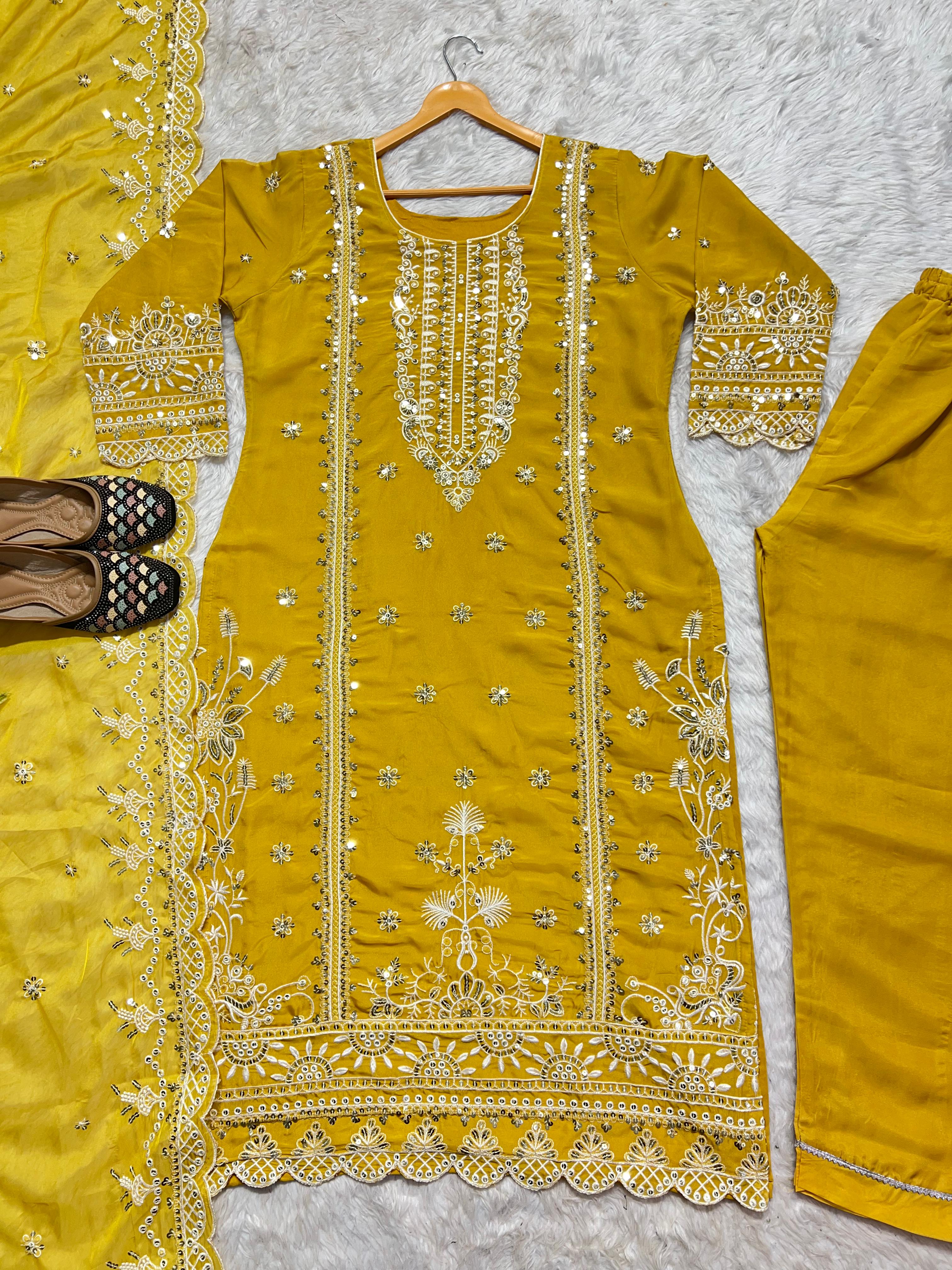 Eyes Catching Organza Yellow Color Salwar Suit