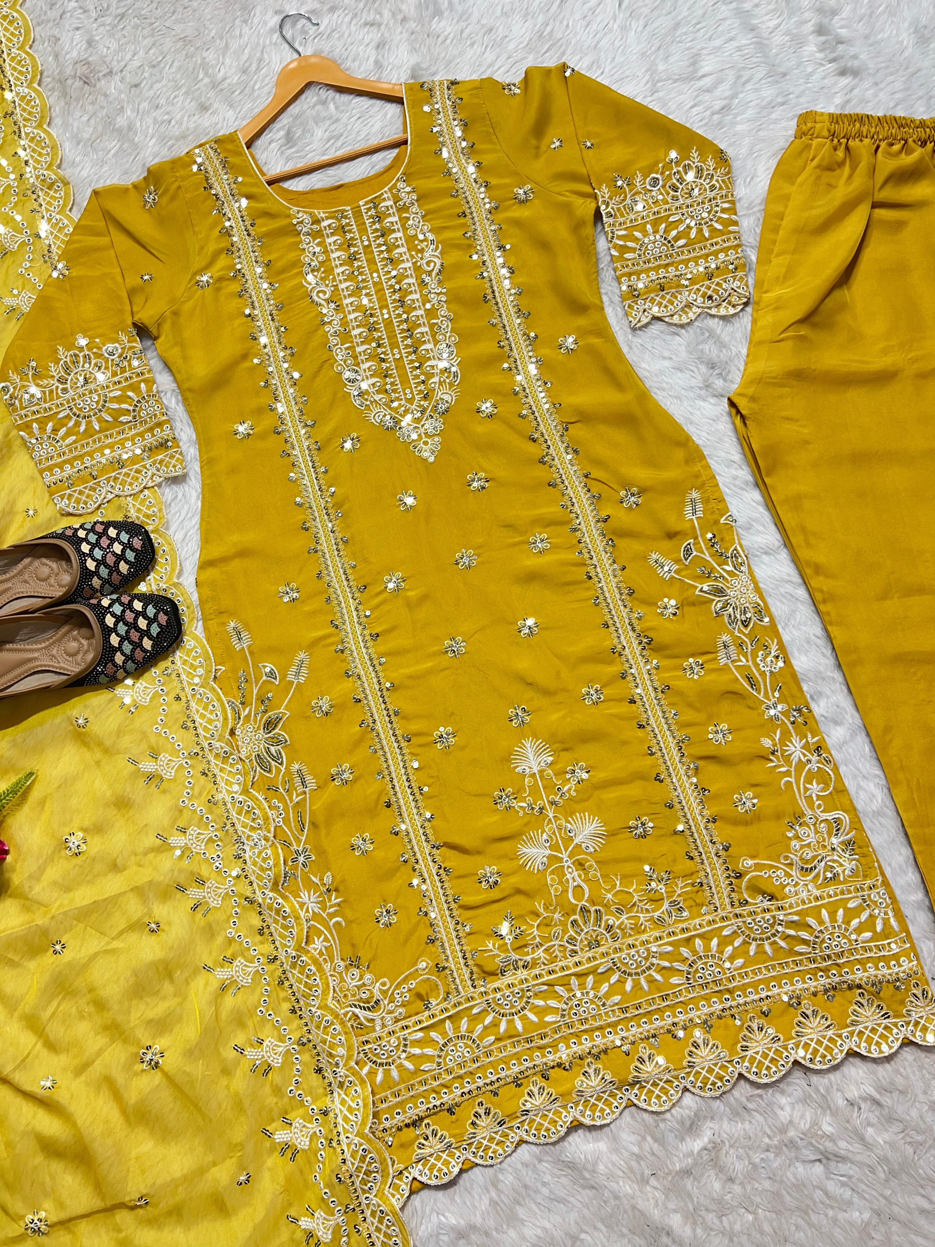 Eyes Catching Organza Yellow Color Salwar Suit